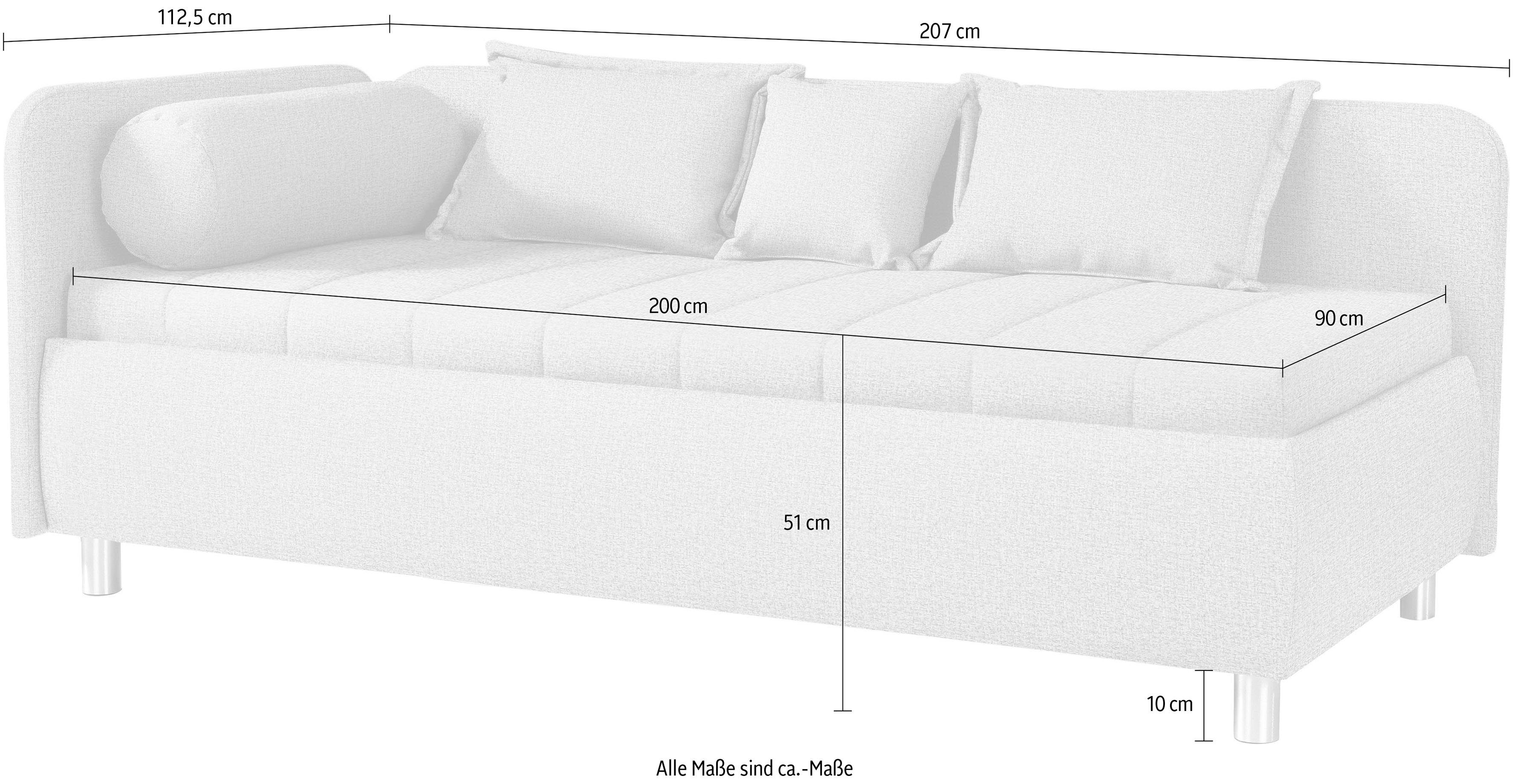 alina Schlafsofa Kiana, Liegefläche 90/200 cm oder 100/200 cm, Bettkasten, Zierkissen-Set