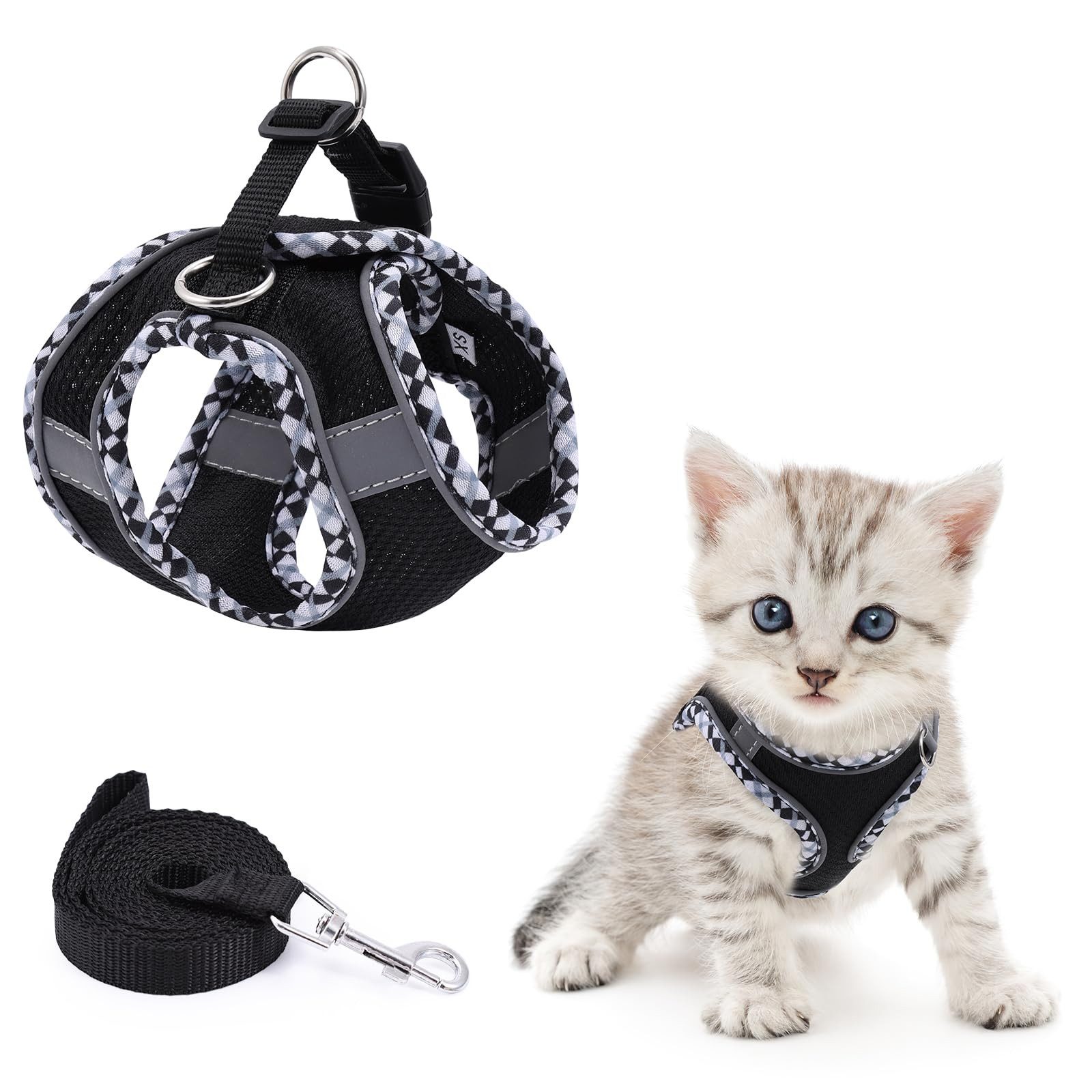 Ledander Hunde-Geschirr Katzen-Geschirr, Ausbruchssicher, Verstellbares Katzen-Geschirr, mit Leine, Reflektierende Streifen, Weiches Katzen-Geschirr