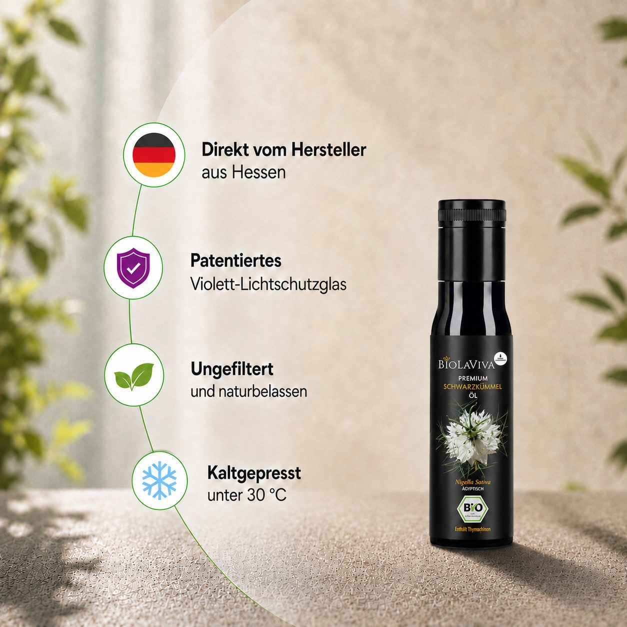 BIOLAVIVA Speiseöl : Bio - Schwarzkümmelöl - ungefiltert - kaltgepresst - laborgetestet -