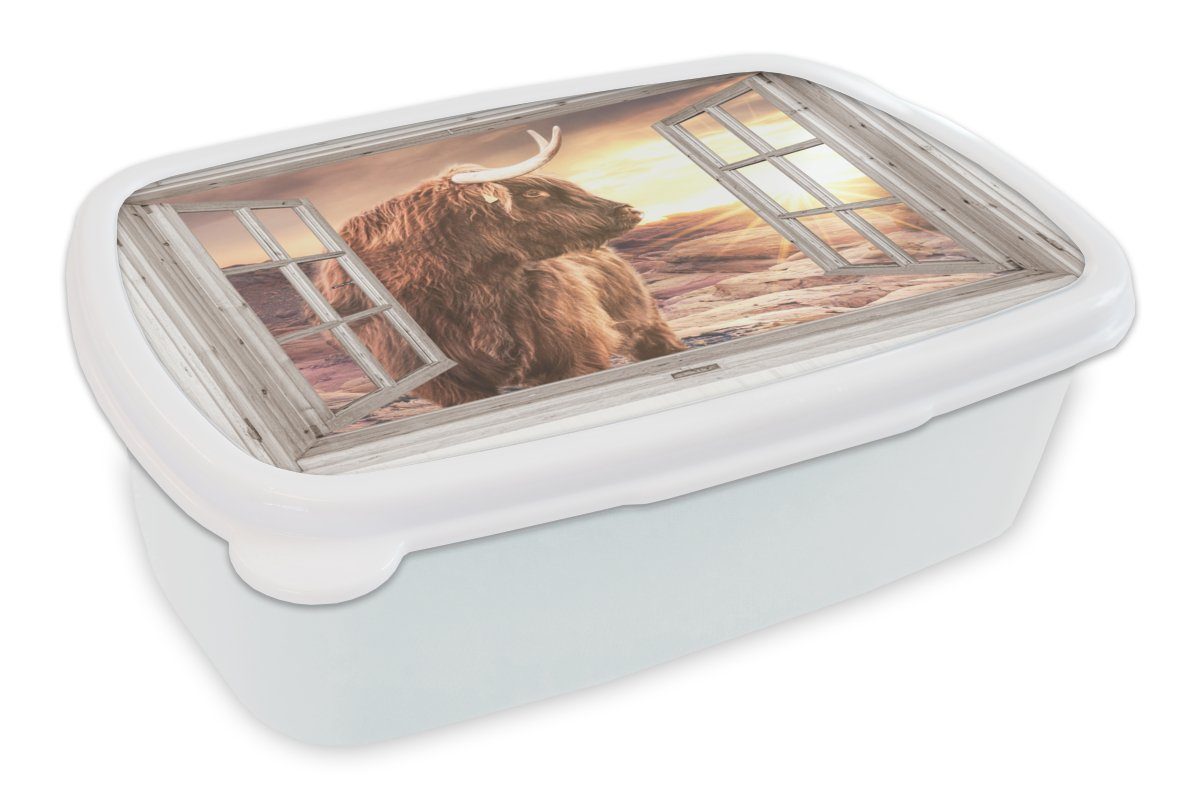 MuchoWow Lunchbox Schottischer Highlander - Aussicht - Sonnenuntergang, Kunststoff, (2-tlg), Brotbox für Kinder und Erwachsene, Brotdose, für Jungs und Mädchen weiß