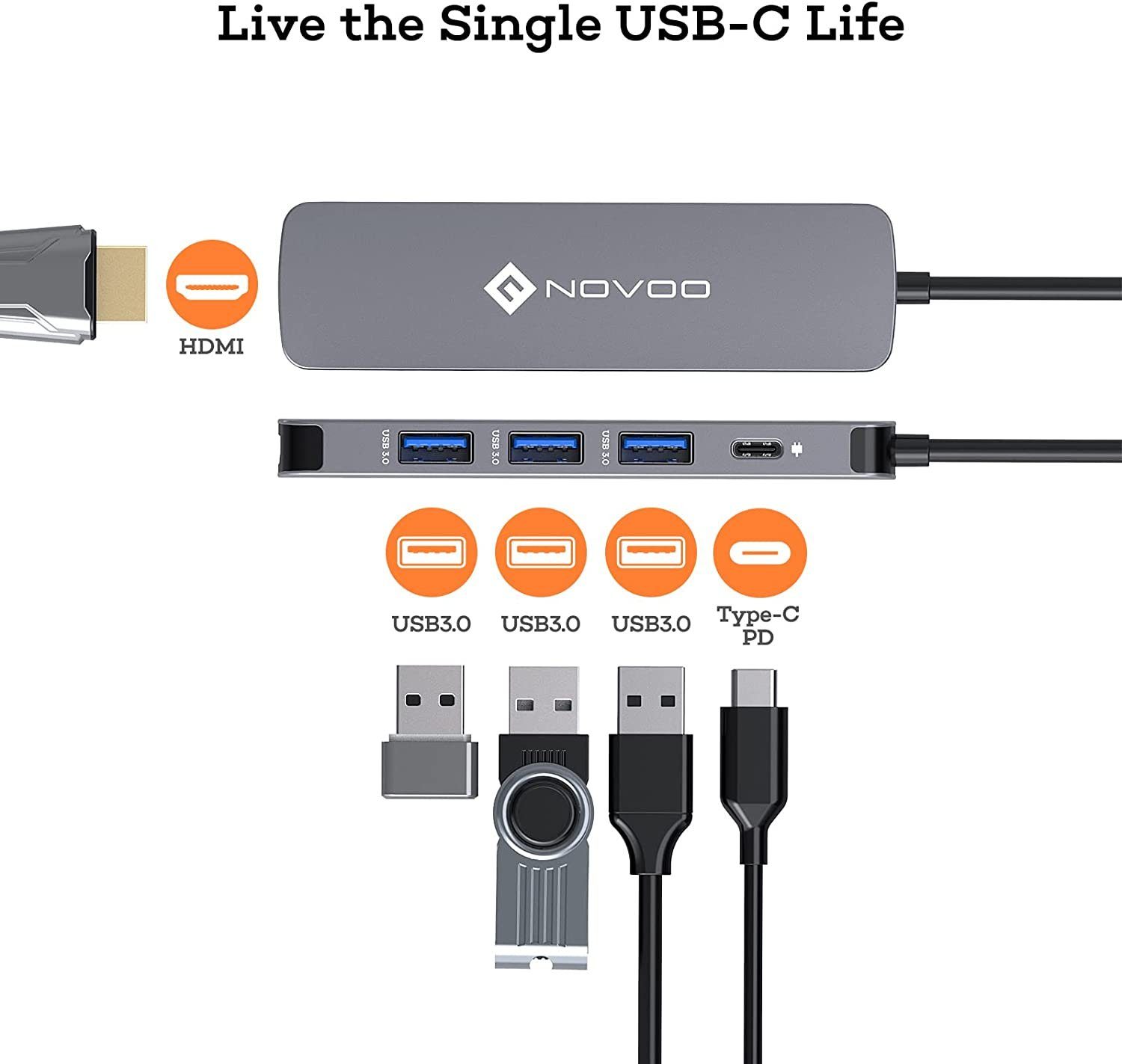 NOVOO USB-Adapter USB-C zu HDMI, USB 3.0, USB-C PD, USB C Hub HDMI 4K MacBook Pro/Air M1 Adapter mit 4K HDMI,100W PD