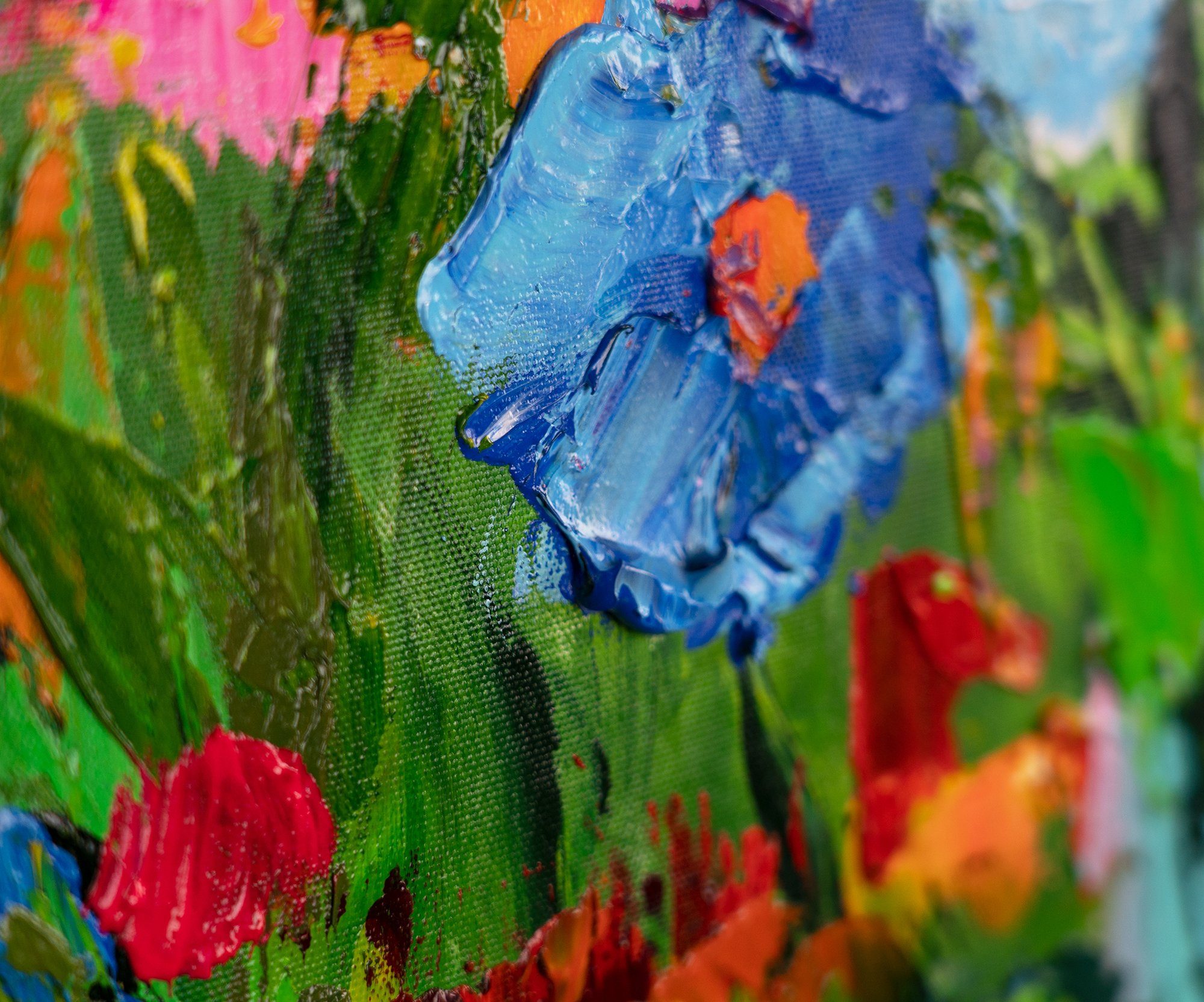 YS-Art Gemälde Blumen in Mit Blau Rahmen Blumige Farben