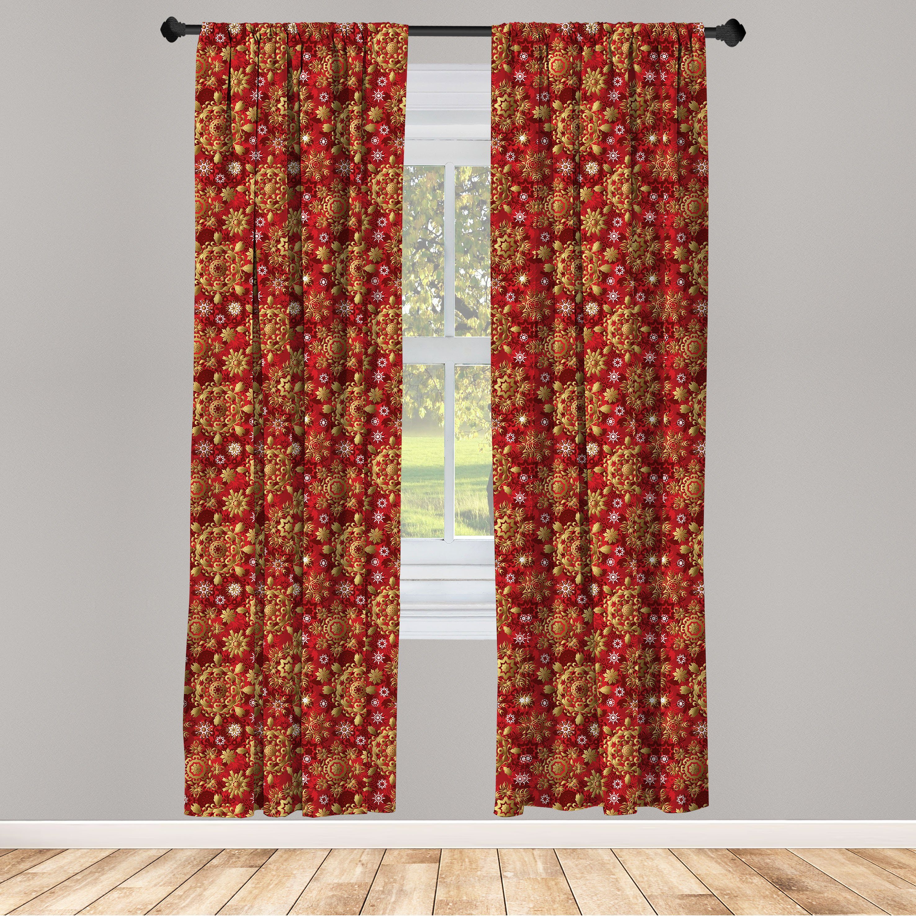 Gardine Vorhang für Wohnzimmer Schlafzimmer Dekor, Abakuhaus, Microfaser, Red Mandala Weihnachten Flora Ornament