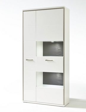 expendio Wohnzimmer-Set Travis 140, (Spar-Set, 8-St), weiß Hochglanz montiert LED + Softclose + 4x Stuhl Kunstleder schwarz
