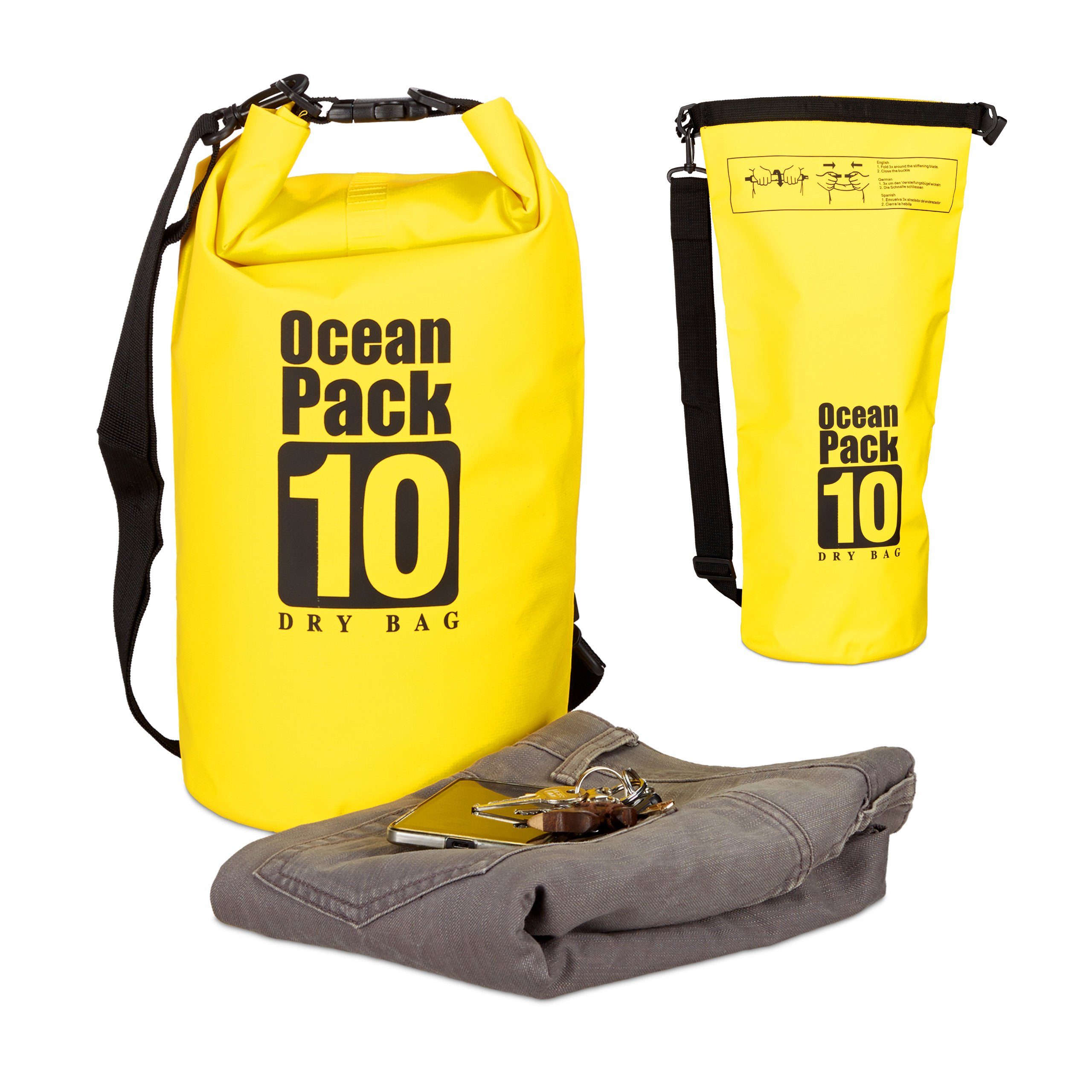 Pack Packsack wasserdicht, relaxdays Schwarz 10L Gelb Ocean Gelb