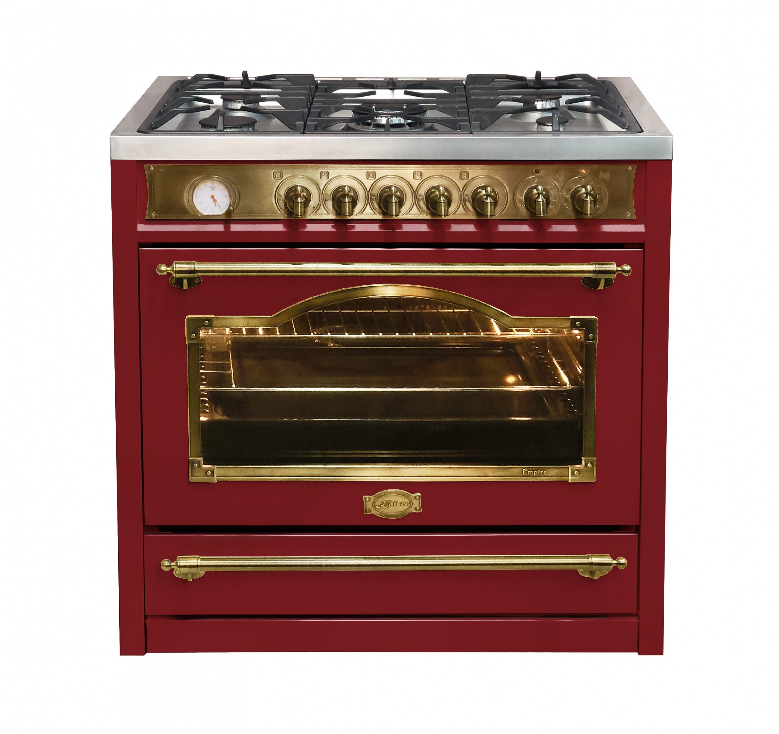 Kaiser Küchengeräte Gas-Standherd Retro Gasherd 90 cm mit Elektrobackofen 115 L, Drehspieß, Heißluftsystem, Infrarotgrill HGE 93555 RotEm., mit 1-fach-Teleskopauszug, Katalytische Selbstreinigung, Herd Freistehend, Range Coocker, Wokbrenner 4,5 kW, Erdgas\Propangas
