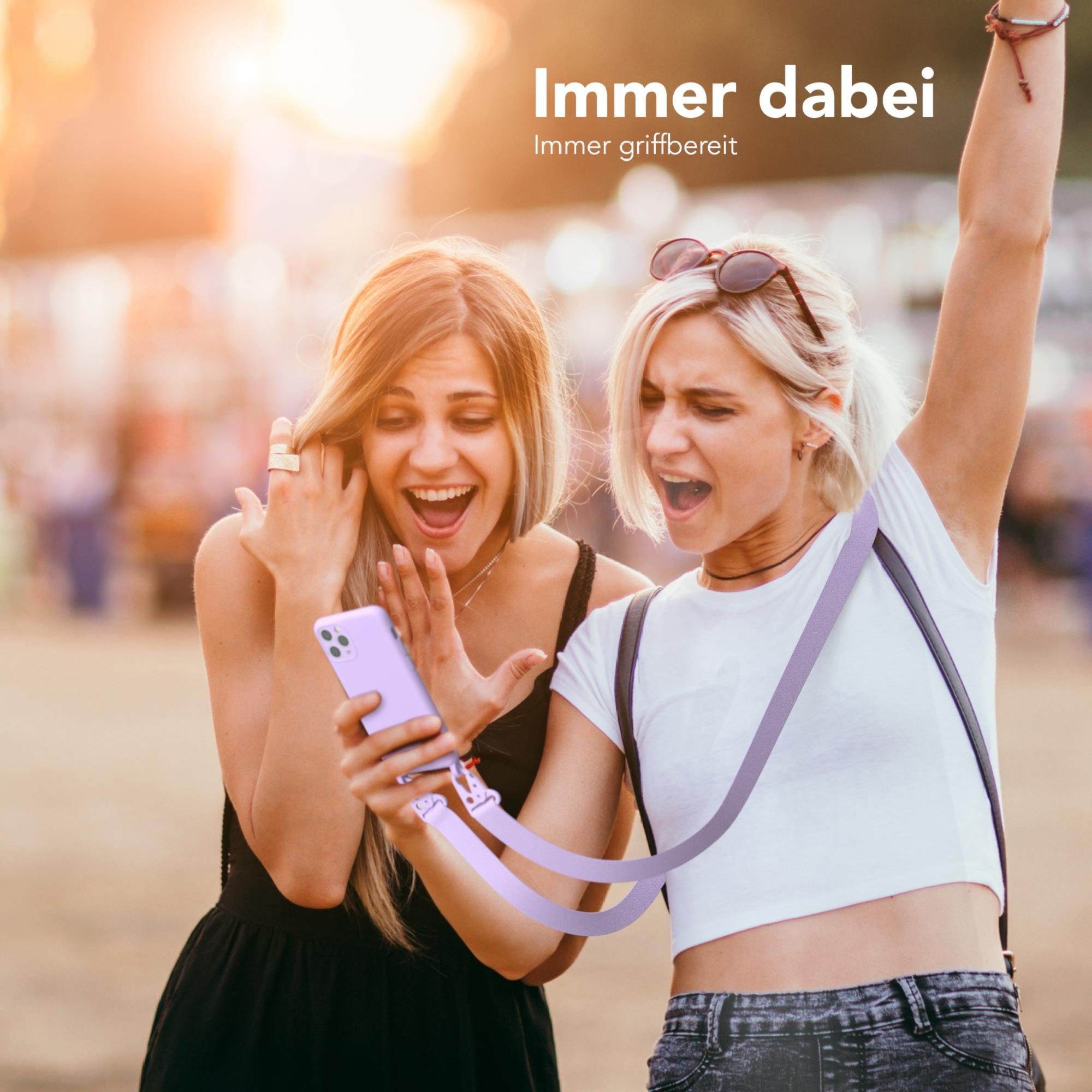 EAZY CASE Handykette Breitband Kette für Apple iPhone 11 Pro 5,8 Zoll, Silikonhülle Matt Ketten Hülle mit breitem Umhängeband Karabiner Lila