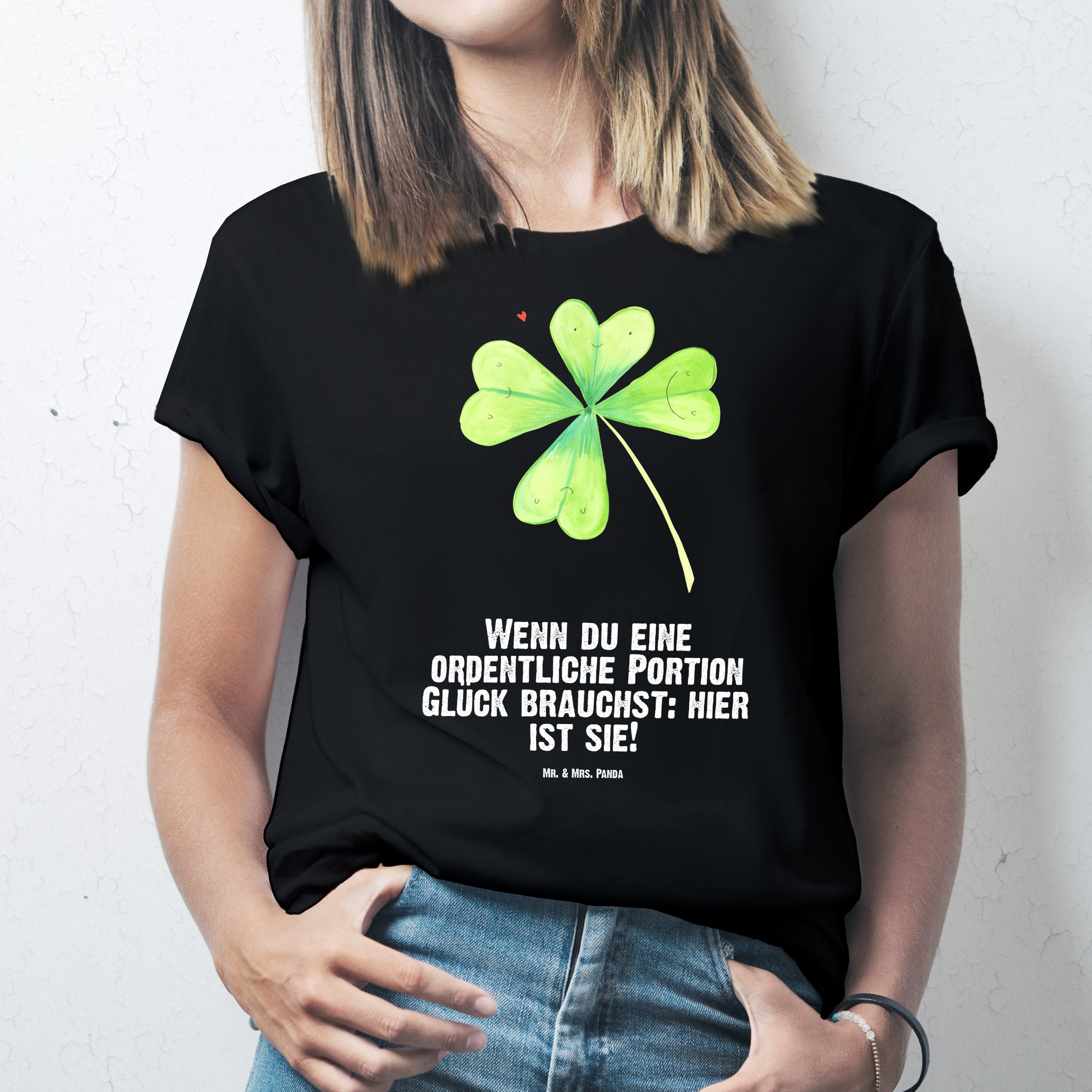Mr. & Mrs. Panda T-Shirt Blume Kleeblatt, Tshirt, Schwarz, Jobwechsel, Shirt, T-Shirt, Glück, (Packung) T-Shirt für große Größen T-Shirt Große Größen XXL T-Shirt