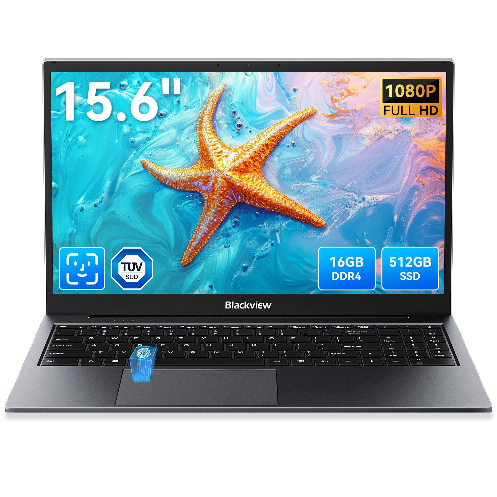 blackview 15,6 Zoll FHD Display Laptop, Windows 11, 16 GB RAM 512 GB SSD Notebook (Intel N97 Core N97, 16 GB, 512 GB SSD, Windows 11, Fingerabdruckerkennung, Face Unlock, WLAN 5G)