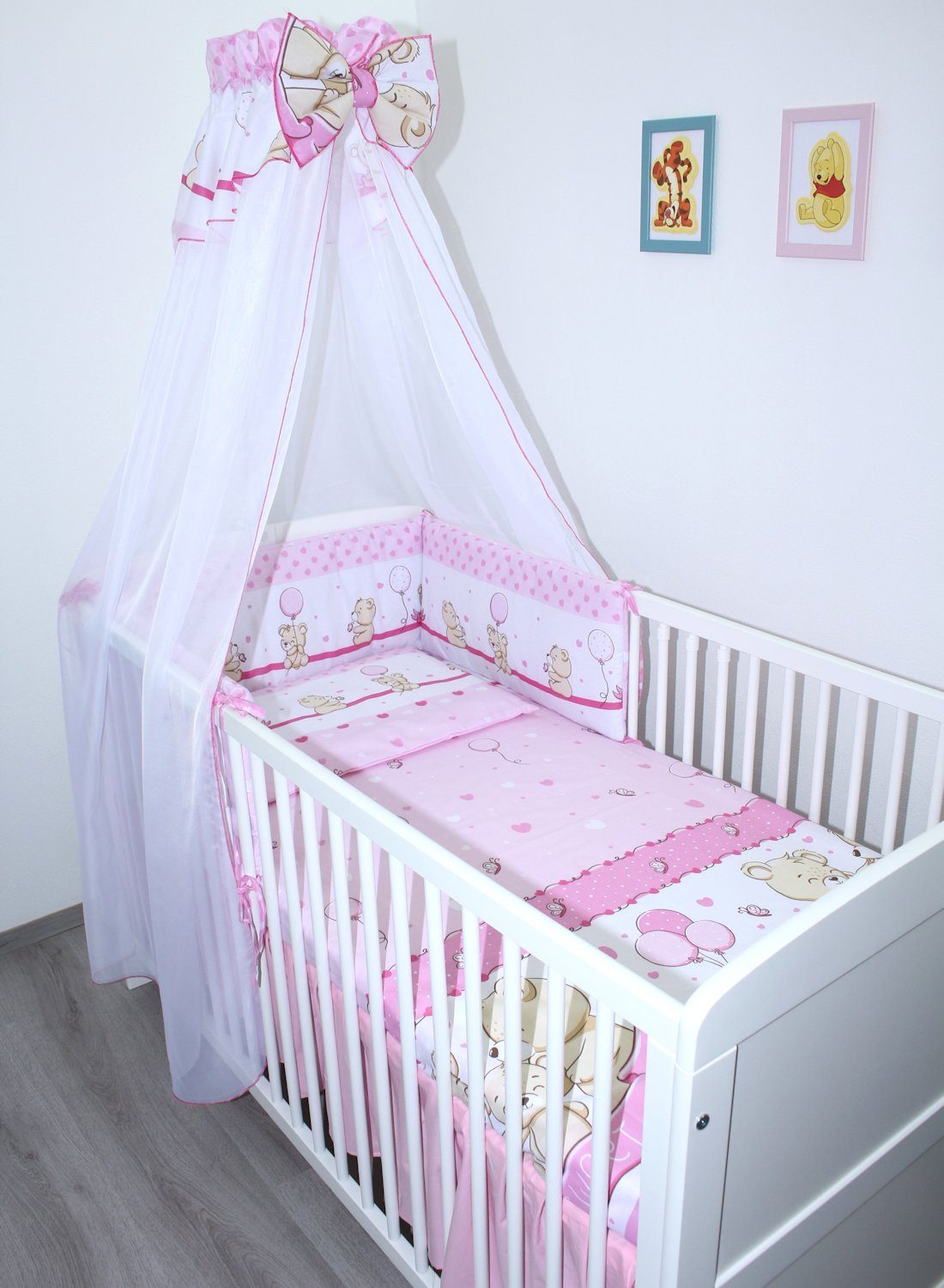 Babybettwäsche Baby Bettset - 6 teiliges Set mit Chiffon Himmel Bettwäsche Nestchen