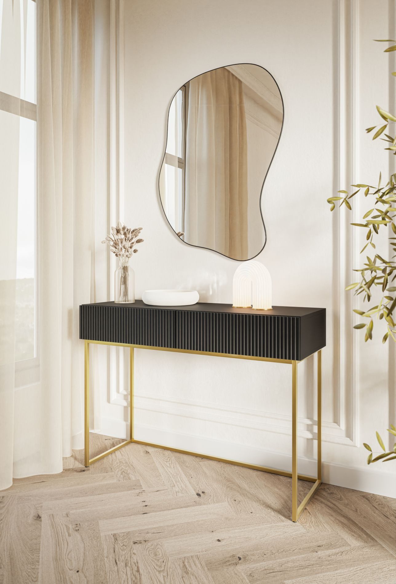 Selsey Schminktisch VELDIO, 2 Schubladen mit geriffelten Fronten, goldfarbe günstig online kaufen