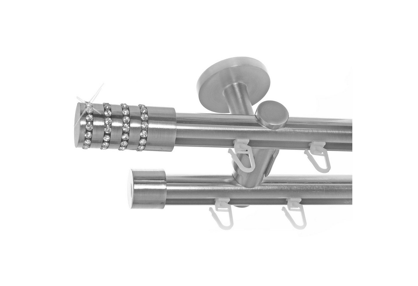 BASIT Gardinenstange Innenlauf Edelstahloptik 20mm mit Deckenträgern 120 cm E39, Ø 20 mm, 2-läufig, verschraubt, Aluminium, D40 120 cm E39 Zylinder mit Kristall