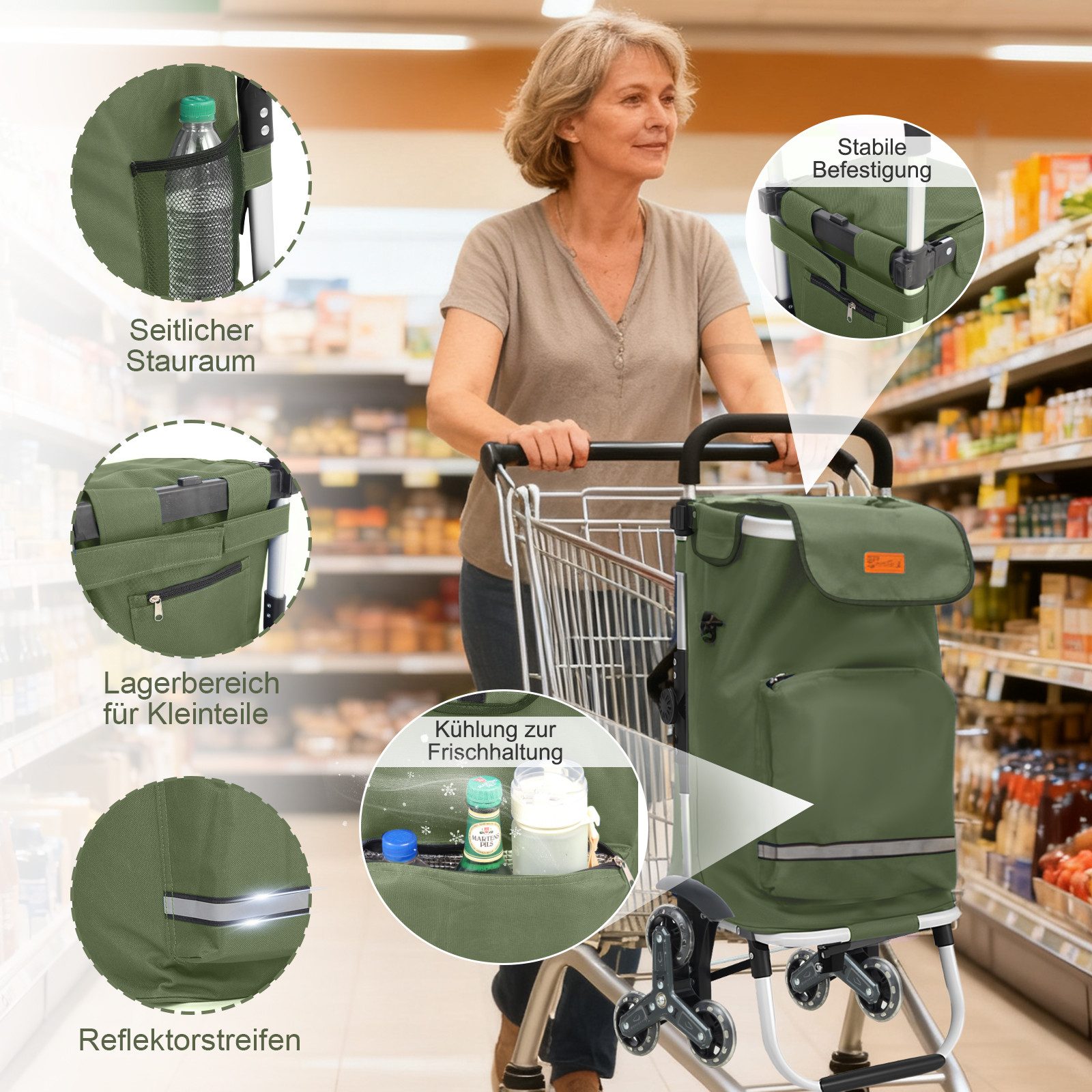 Sekey Einkaufstrolley Klappbarer Einkaufswagen mit Kühlfach, Treppensteiger Trolley 3 in 1, 42 l, Faltbarer Einkaufswagen inkl. Einkaufschip und Spanngurt – Bild 4 von 5