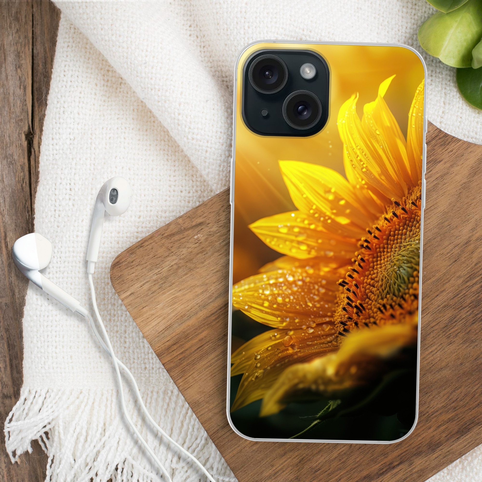 MuchoWow Handyhülle für Apple iPhone 15 Sonnenblume - Tautropfen - Gelb - Sonnenlicht, Smartphone-Bumper, Print, Handy Schutzhülle Dünn