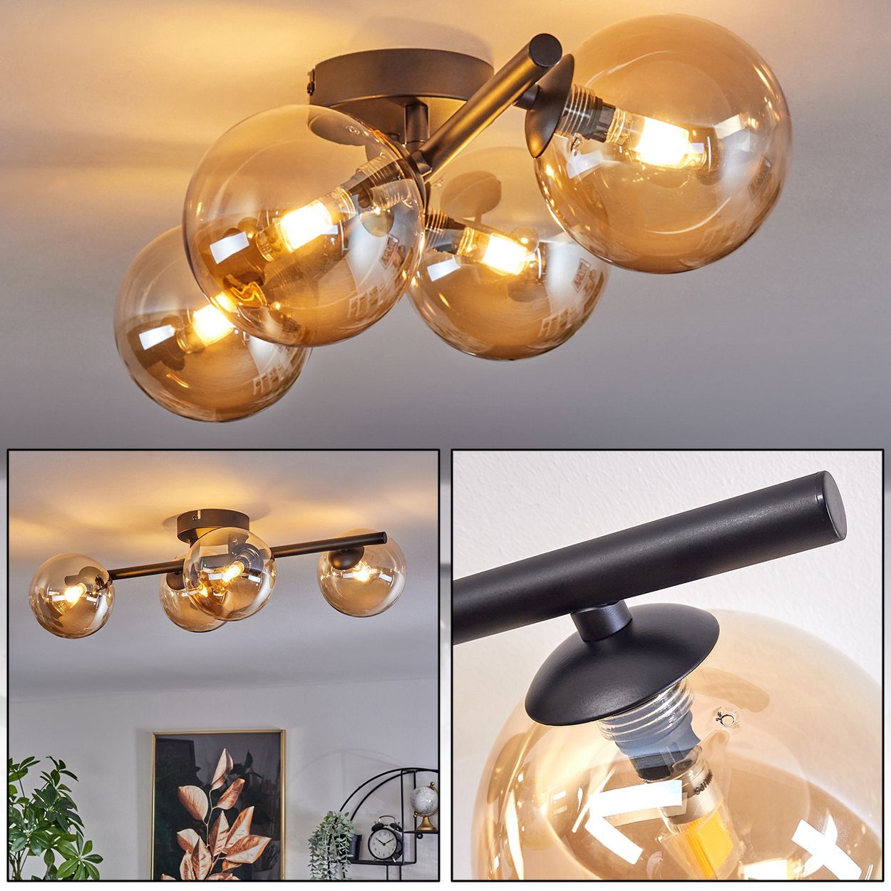 hofstein Deckenleuchte Deckenlampe aus Metall/Glas in Schwarz/Bernsteinfarben, ohne Leuchtmittel, Leuchte im Retro-Design aus Glas, 4 x G9 LED, ohne Leuchtmittel