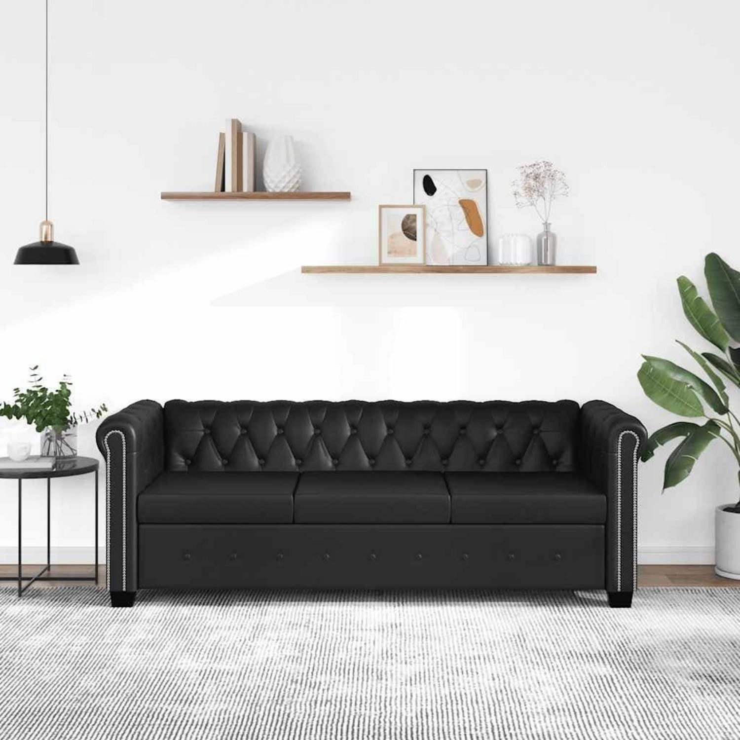 LuxusKollektion Chesterfield-Sofa Sofa Chesterfield Echtleder Vintage Couch Bürosofa 3-Sitzer Schwarz