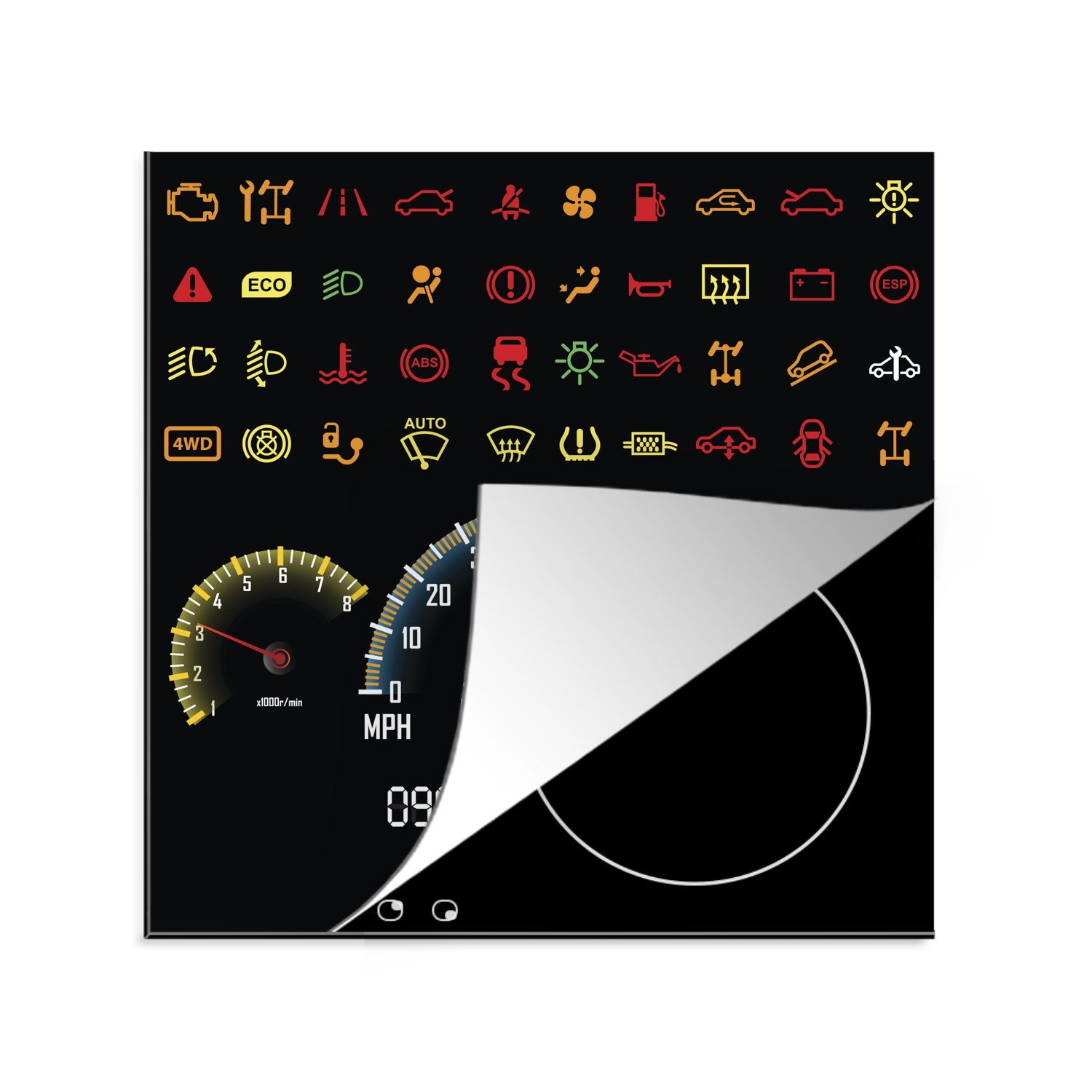 MuchoWow Herdblende-/Abdeckplatte Illustration der farbigen Symbole in einem Auto auf dem Armaturenbrett, Vinyl, (1 tlg), 78x78 cm, Ceranfeldabdeckung, Arbeitsplatte für küche