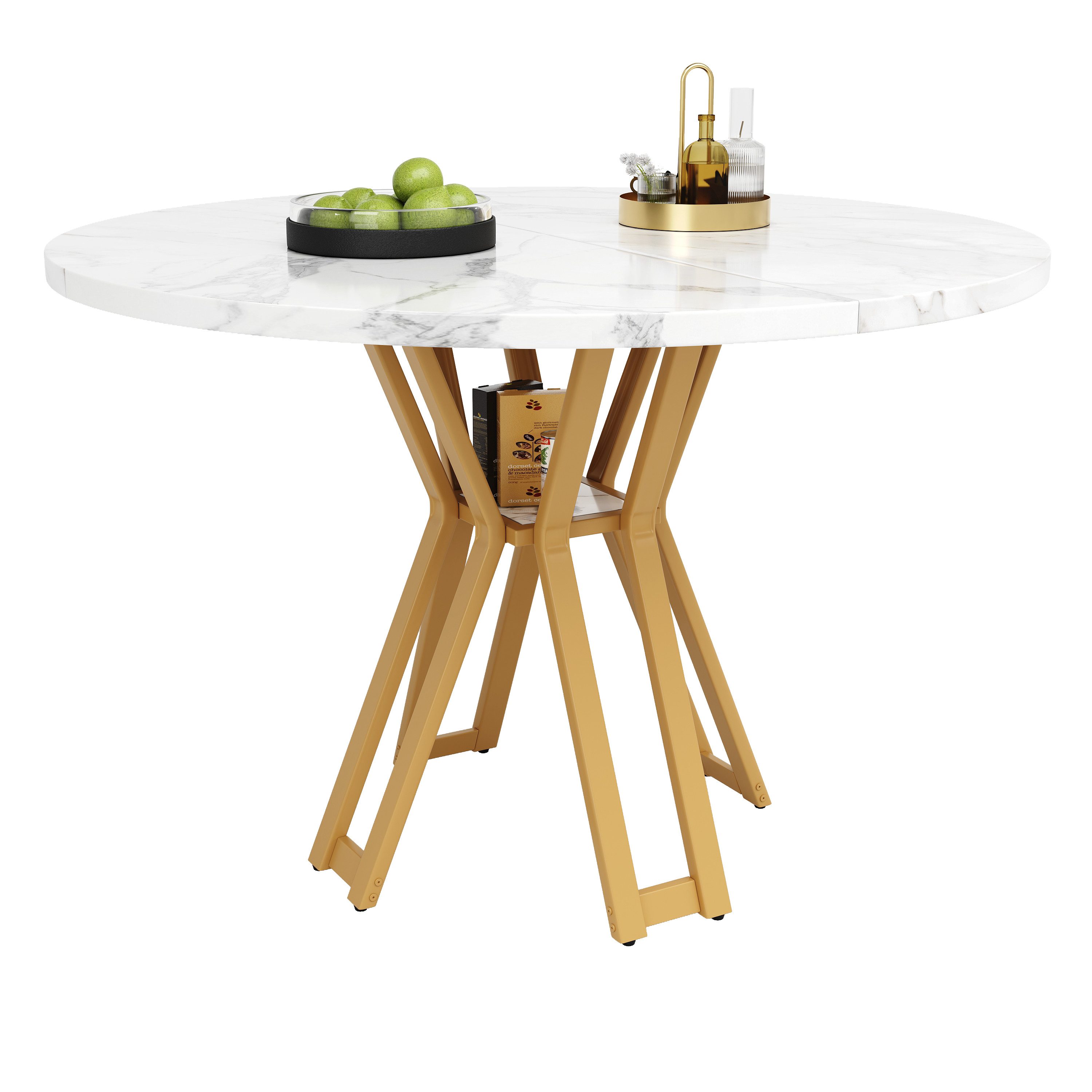 HAUSS SPOLE Esstisch 100x100x76cm Runder Esstisch für Esszimmer, Wohnzimmer, goldene Beine (Eleganter Runder Esstisch mit Marmor MDF-Platte für 4-6 Personen., 100 x 100 x 76 cm)