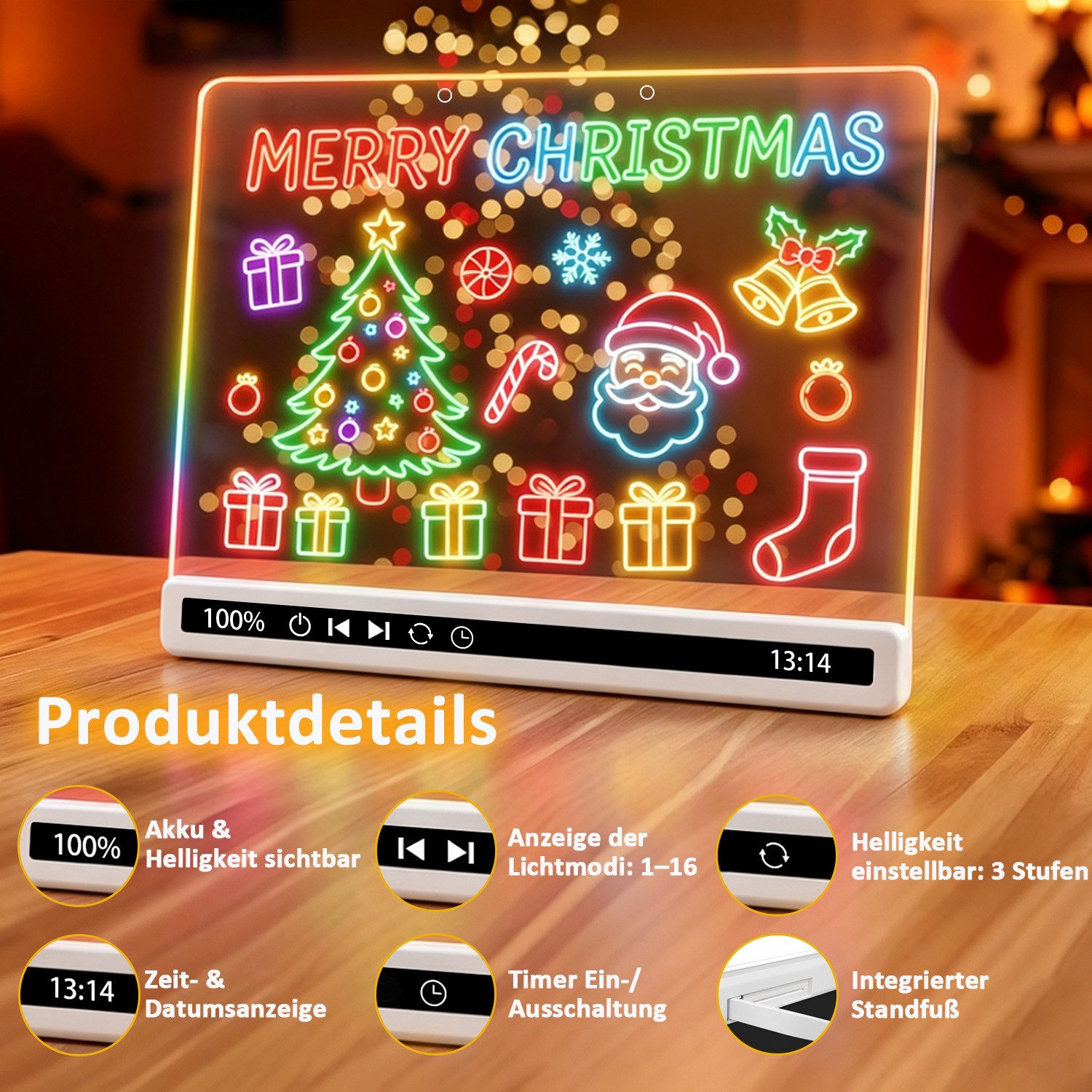 JoJoego Zaubertafel LED-Zeichenbrett mit 16 RGB-Lichteffekten wiederaufladbar 35×25 cm, (Acryl Maltafel abwischbar mit Timer und Ständer, 2800mAh Akku), kreativ – Bild 4 von 5