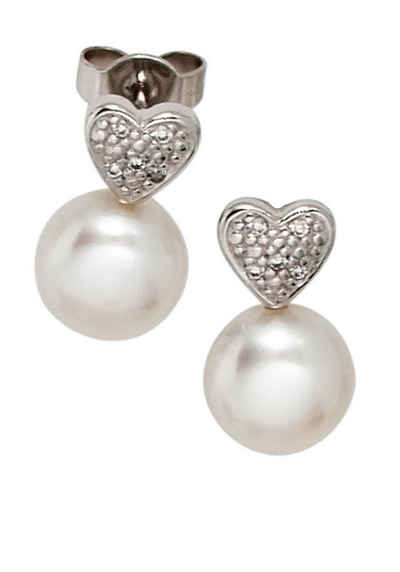 JOBO Perlenohrringe Herz-Ohrringe mit 2 Perlen und 10 Diamanten, 585 Weißgold