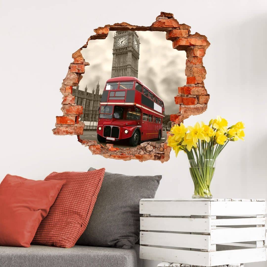 K&L Wall Art Wandtattoo 3D Wandtattoo roter Bus Städtereise London Wandsticker Vintage Turm, Mauerdurchbruch Wandbild selbstklebend