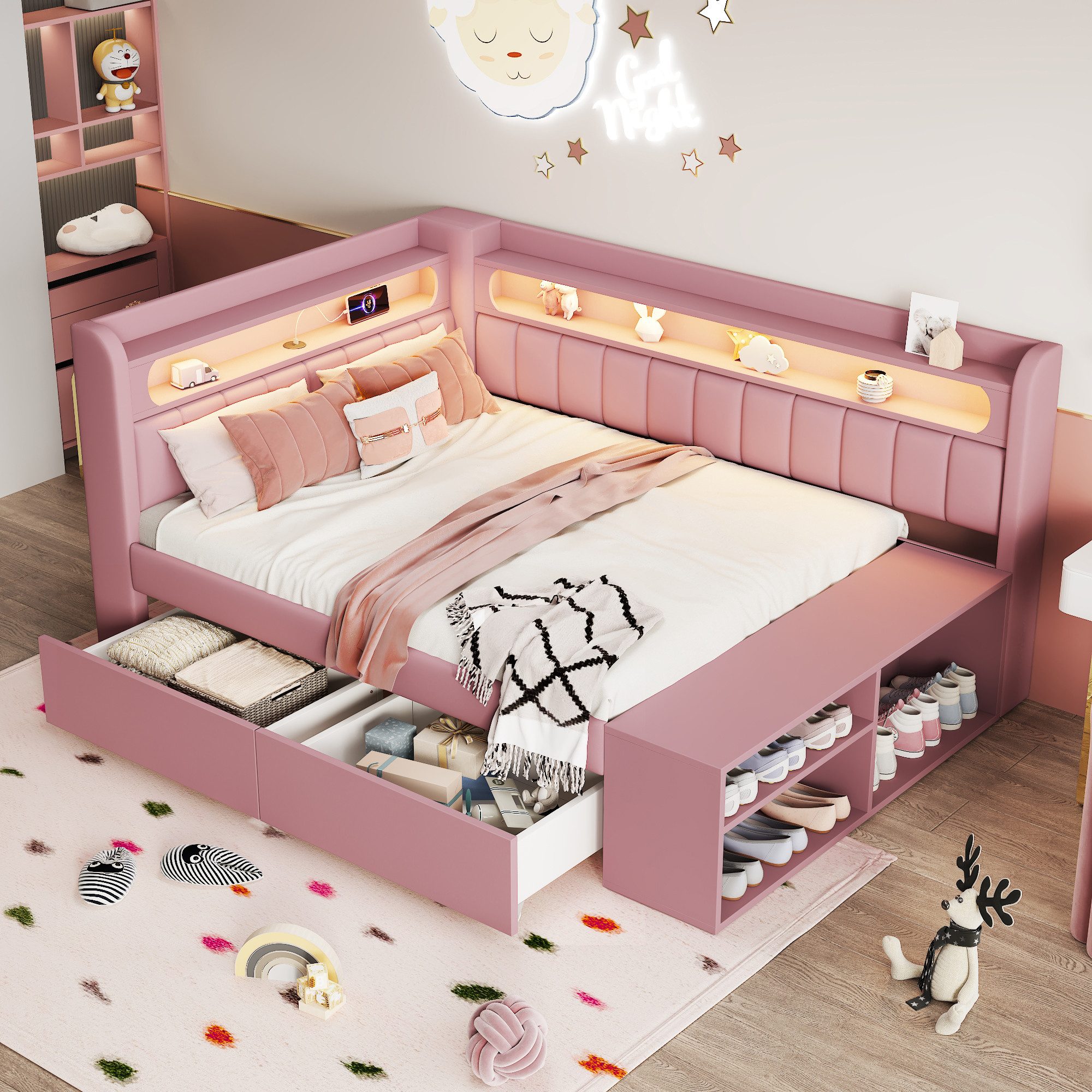 Merax Daybett 90x200cm mit USB-Anschluss & LED-Lichtleiste (Jugendbett Einzelbett Kinderbett, 1 tlg), Schlafsofa Tagesbett mit Schuhschrank, 2 Schubladen & Ablage, Leinen