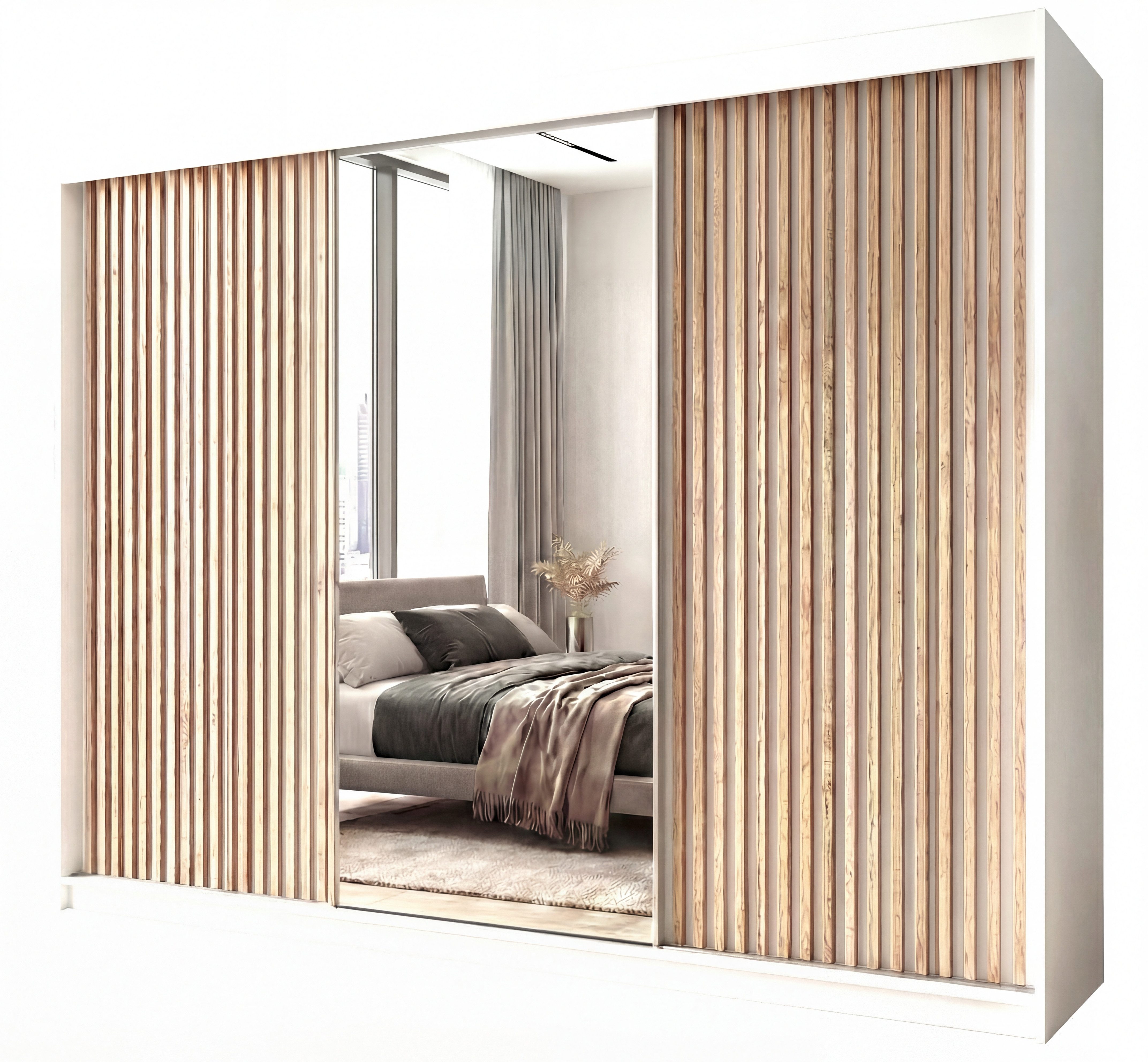 A&J MöbelLand GmbH Schiebetürenschrank FARA 200 cm mit 3D-Lamellen und Spiegelfront (TOP ANGEBOT! Geräumiger Schrank mit einer Breite von 200 cm ideal zur Aufbewahrung von Kleidung und Accessoires. Wählen Sie das ideale Modell für Ihr Schlafzimmer!, TOP P