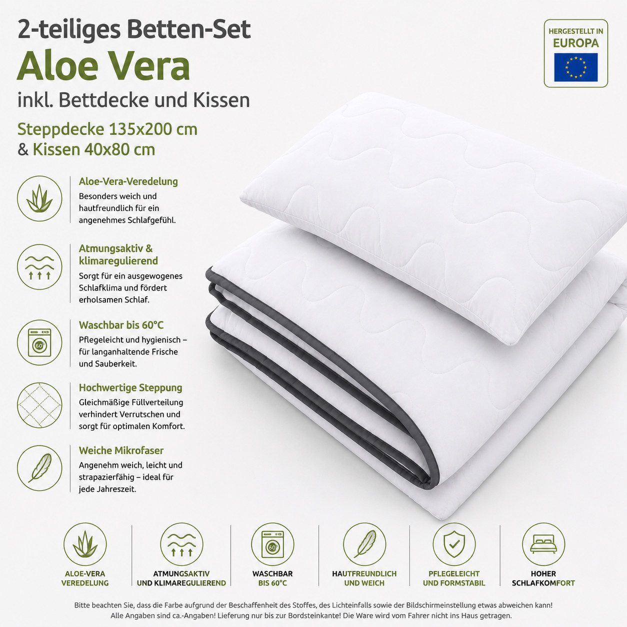 inter Microfaserbettdecke Bettdecke & Kopfkissen, 2-Tlg. Set, Bettdecken-Set, Füllung: Polyester-Hohlfaser, Aloe-Vera, Atmungsaktiv, Hautfreundlich, Klimafaserfüllung