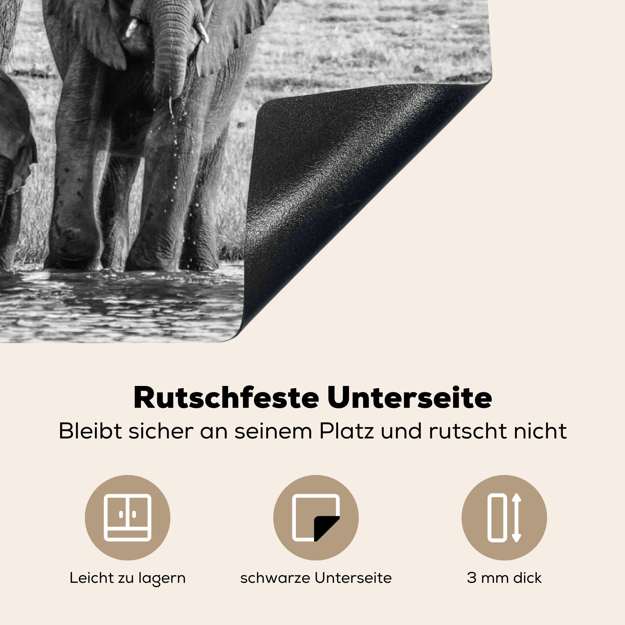 MuchoWow Herdblende-/Abdeckplatte Elefant - küche, Schutz Tiere - die Schwarz für 81x52 Vinyl, (1 tlg), Weiß, - Wasser - Induktionskochfeld Ceranfeldabdeckung cm