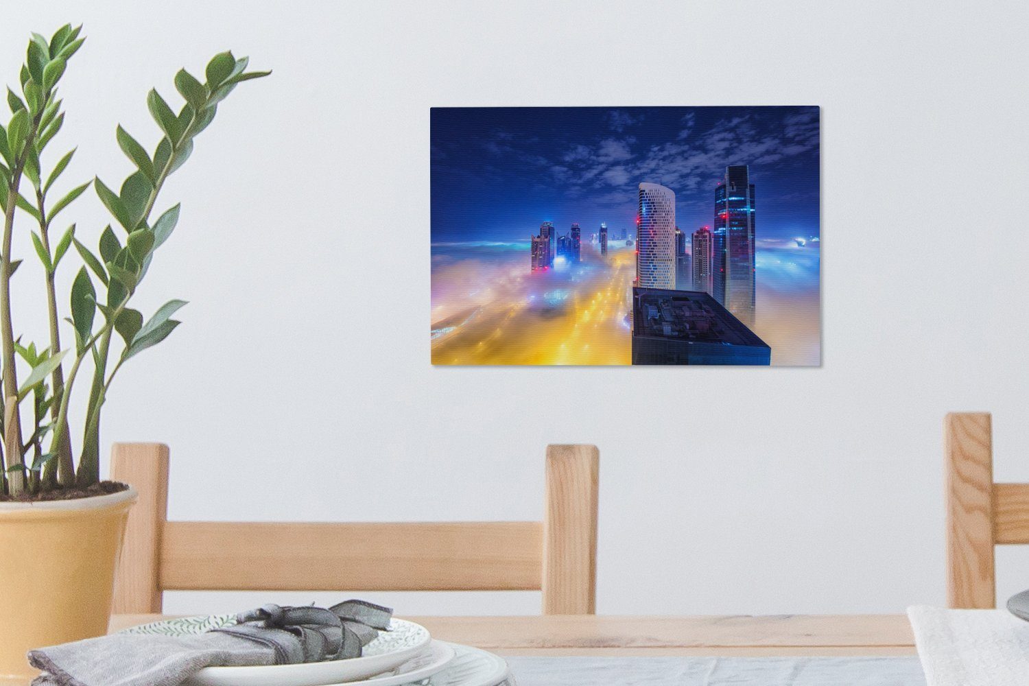 Wandbild Nacht, Wanddeko, cm Hochhaustürme Wolken OneMillionCanvasses® bei (1 über 30x20 den Leinwandbilder, St), Dubais Leinwandbild Aufhängefertig,