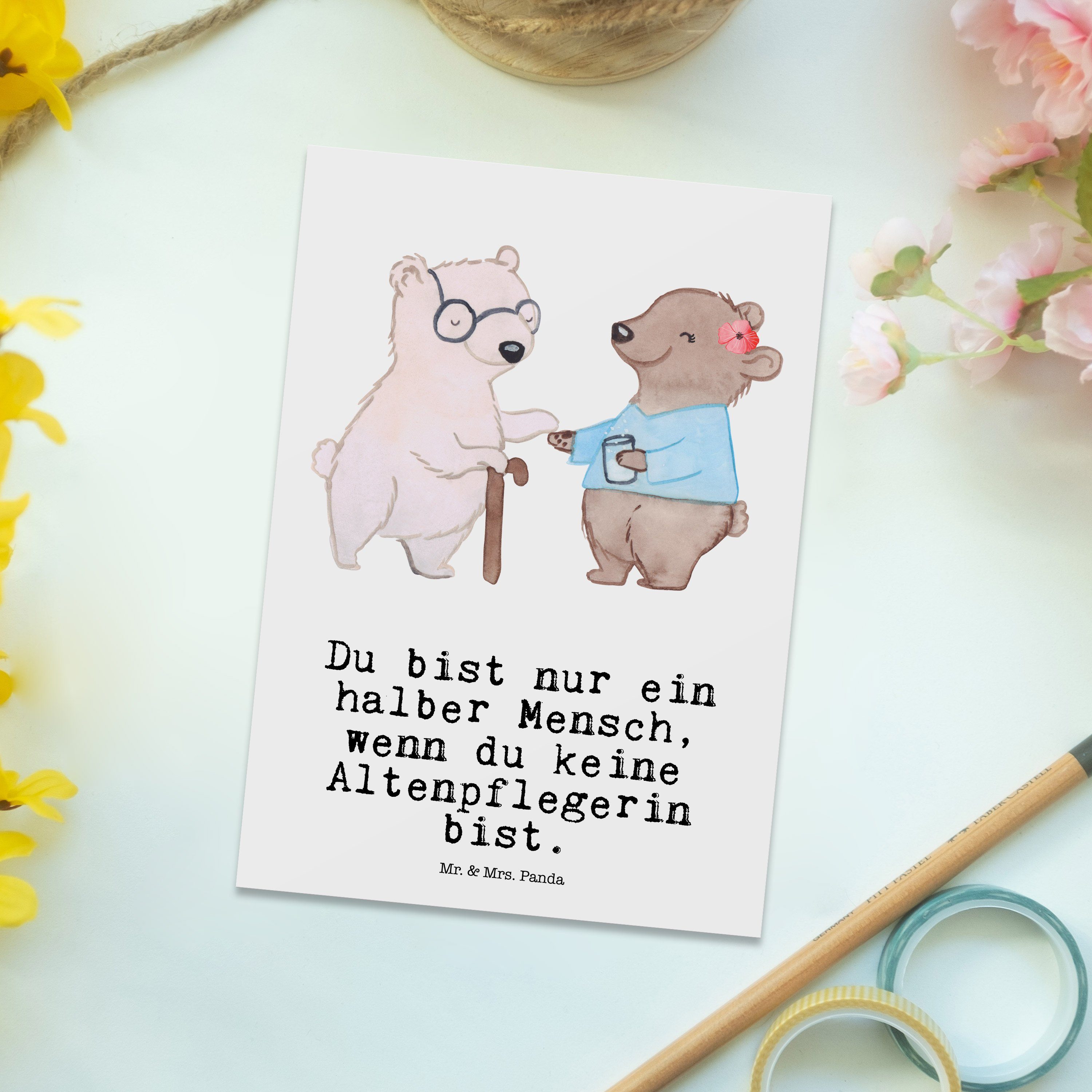 Mr. & Mrs. Panda - Postkarte Weiß Herz Altenpflegerin Danke Altenheim Geschenk, mit - Eröffnung