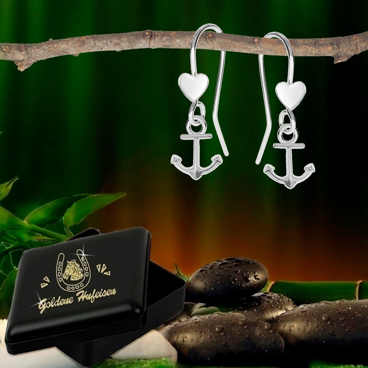 Goldene Hufeisen Paar Ohrhaken Charmante Anker Herz Ohrringe 925 Silber Ohrhänger, anlaufgeschützt