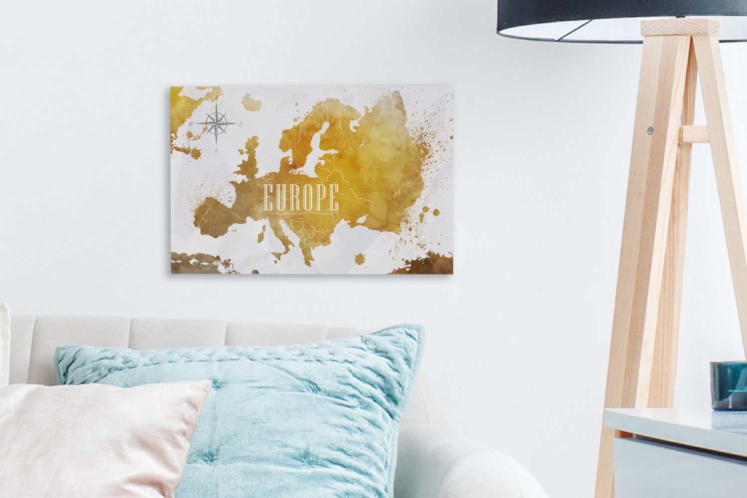 Wandbild 30x20 Weltkarten Wanddeko, - St), - Europa Leinwandbild OneMillionCanvasses® Leinwandbilder, (1 Aufhängefertig, cm Gold,