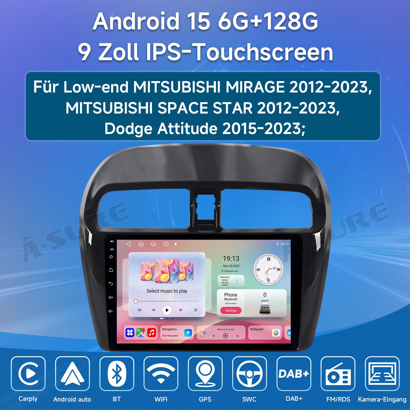 A-Sure 8-Core Für Mitsubishi Mirage Space Star DAB+ CarPlay GPS Android 15 Autoradio (Digitalradio (DAB), Carplay Android Auto Bluetooth EQ USB GPS Navi WIFI Touchscreen)