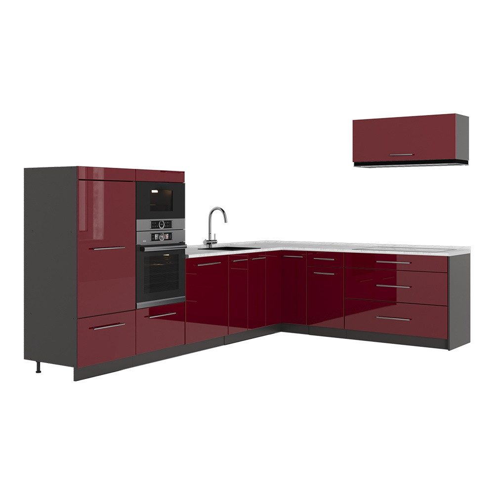 Vicco Winkelküche Fame-Line, Bordeaux Hochglanz/Anthrazit, 327 x 227 cm, AP Marmor
