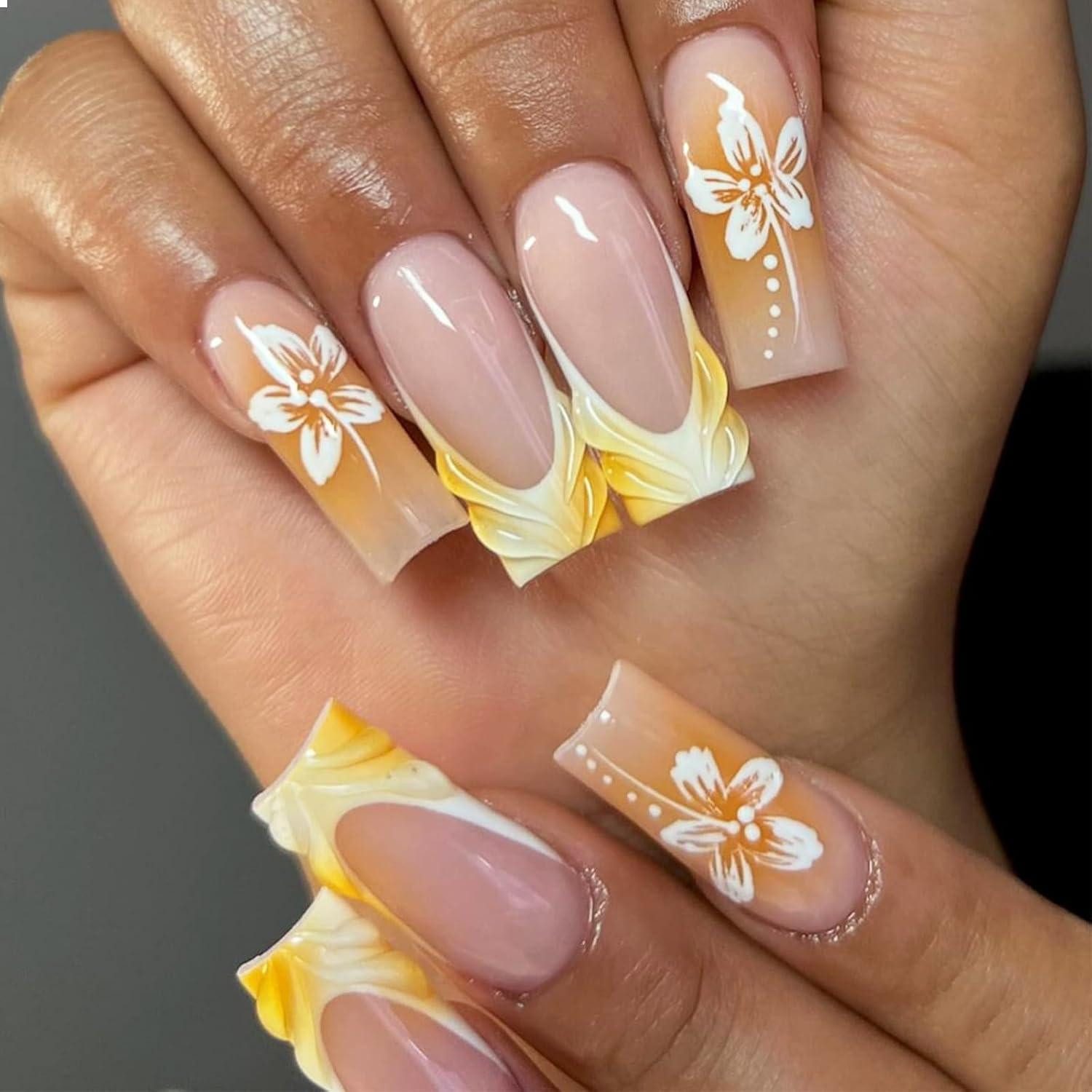 LuxusKollektion Kunstfingernägel 24 Stück Gelbe French Tip Lange Quadratische Falsche Nägel 3D