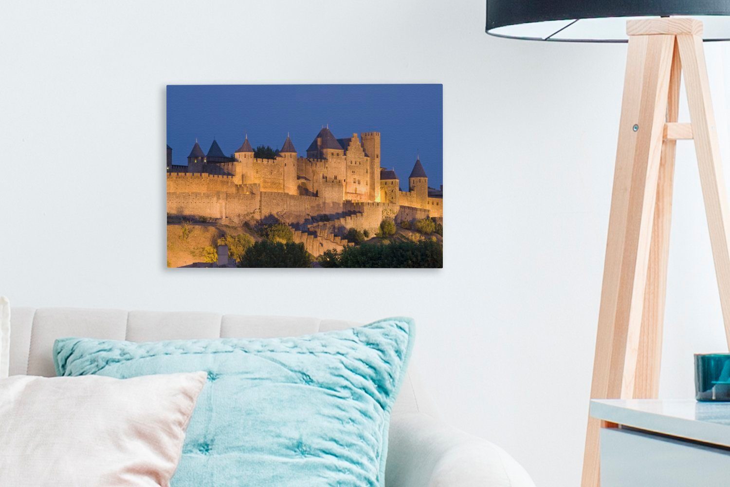 - Leinwandbild - Wanddeko, (1 OneMillionCanvasses® Carcassonne Leinwandbilder, St), 30x20 Schloss, Beleuchtung Aufhängefertig, cm Wandbild
