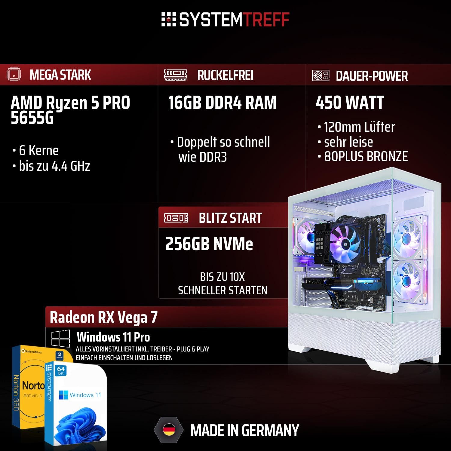 SYSTEMTREFF Basic Gaming-PC (AMD 5655G 5655G, RX Vega 7, 16 GB RAM, 256 GB SSD, Luftkühlung)