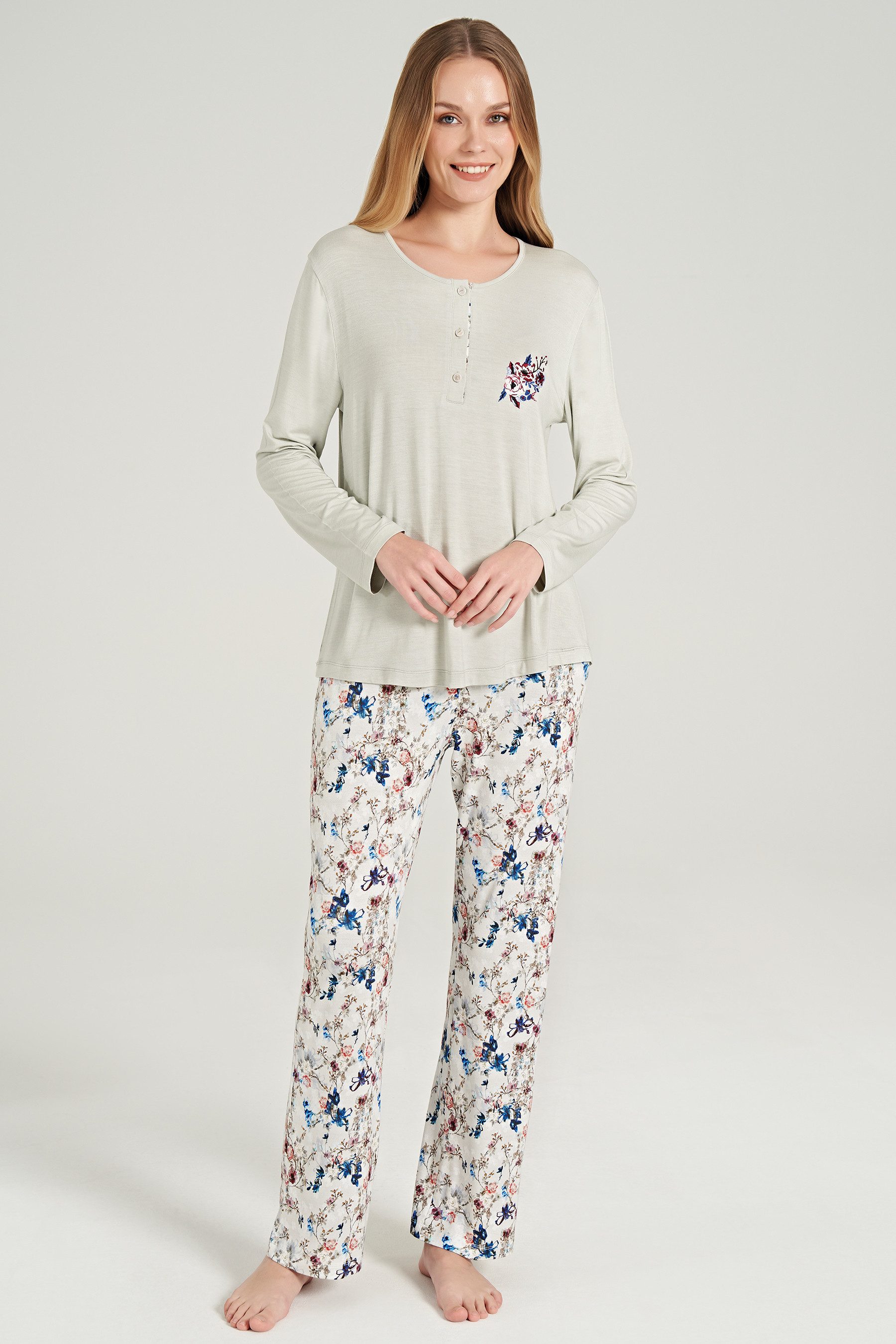 Pyjama Damen Pyjama-Set mit Blumenmuster – Langarmshirt und Hose, 2-teilig