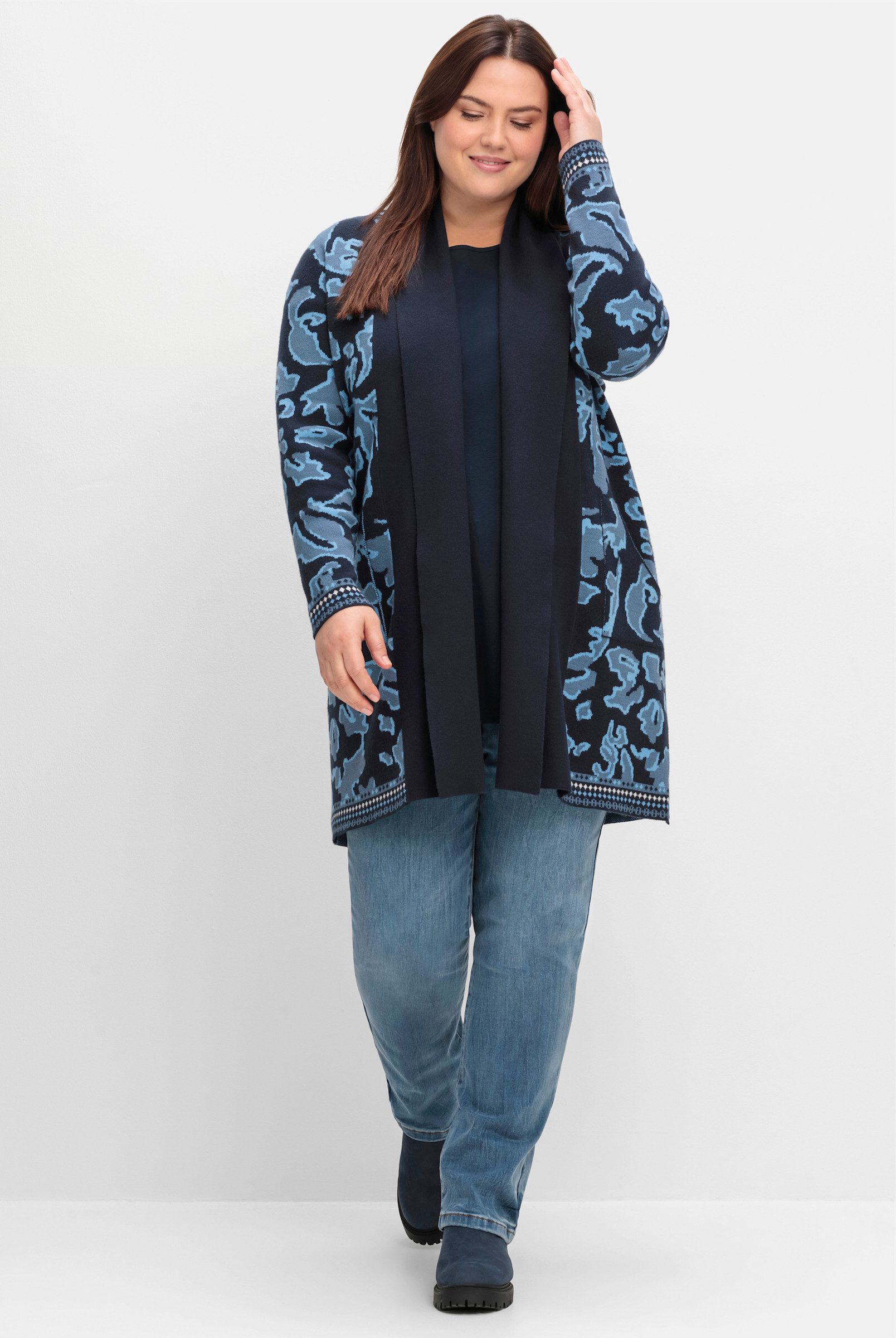 Sheego Strickjacke Longstrickjacke . mit Jacquardmuster und Schalkragen günstig online kaufen