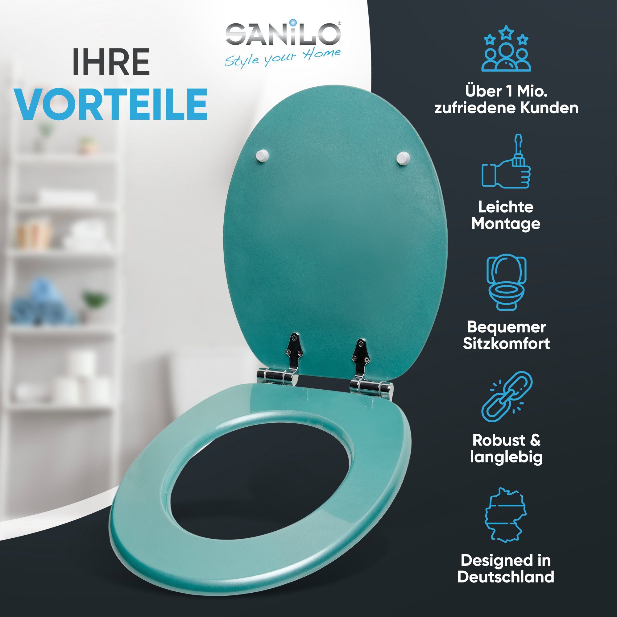 Sanilo WC-Sitz Glitzer Türkis mit Absenkautomatik, Toilettendeckel vom Hersteller, hochwertig & moderner Klodeckel mit Motiv, universell, leichte Montage