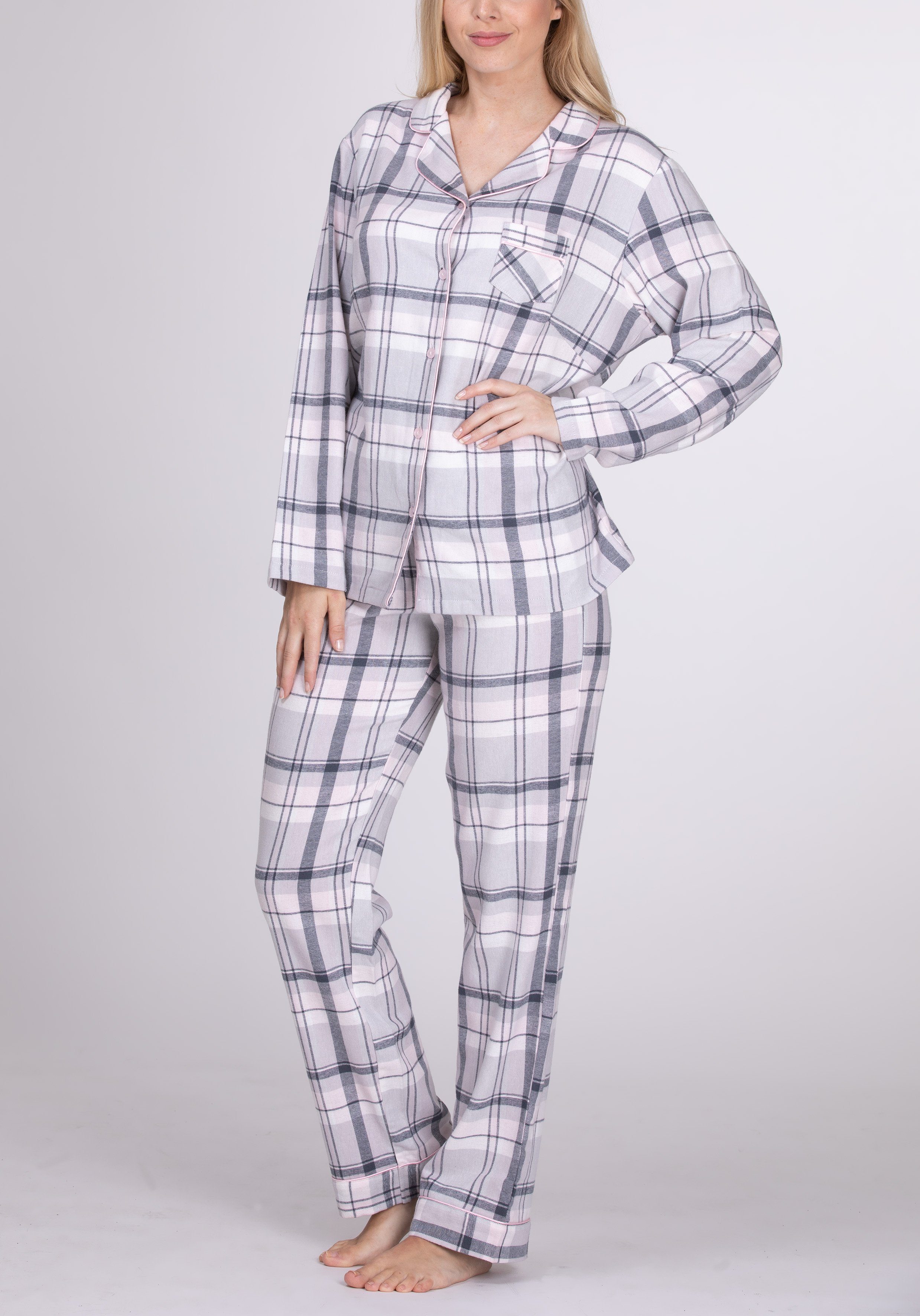 maluuna Pyjama Flanell Schlafanzug für Damen aus 100% Baumwolle