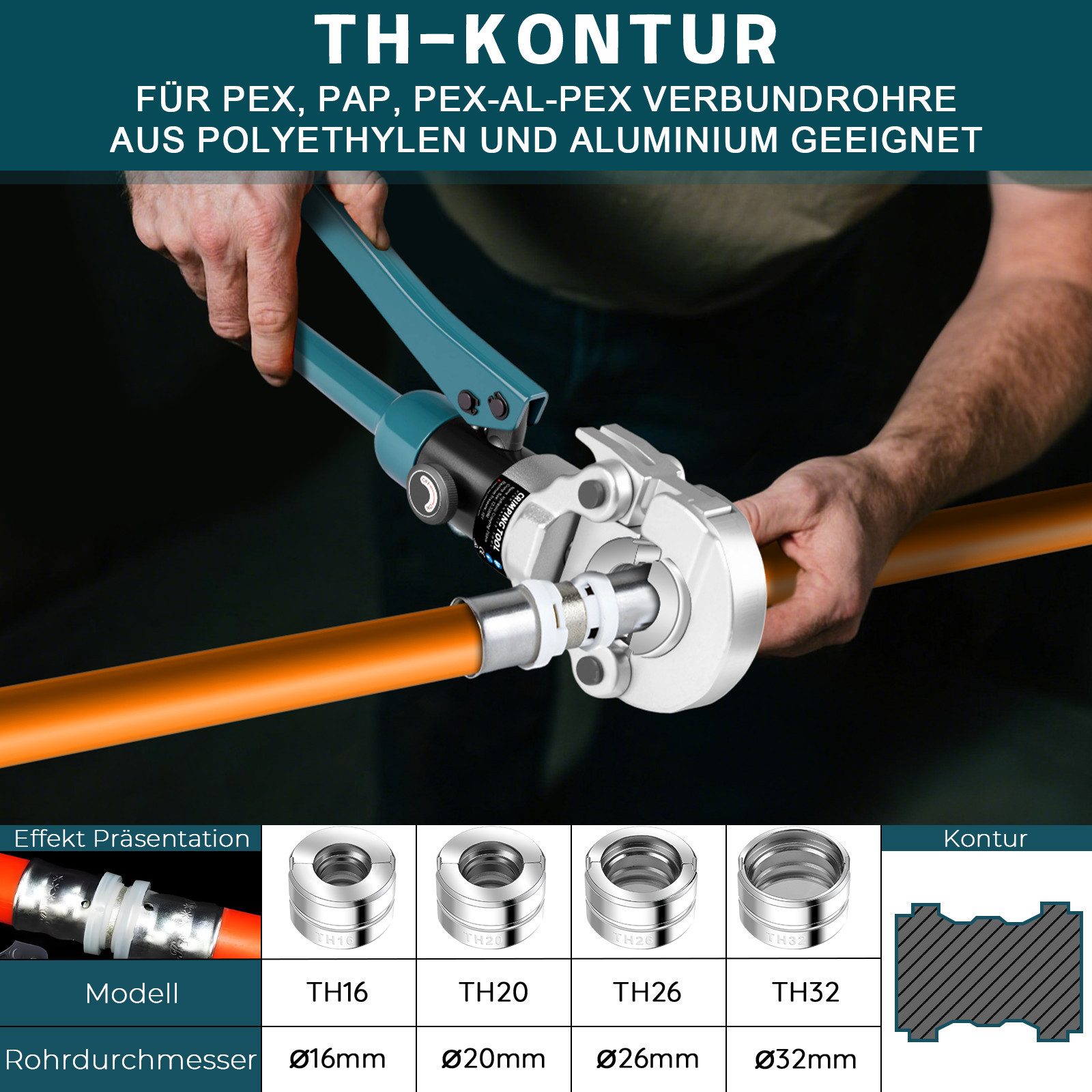 XERSEK Handpresse Hydraulische Presszange TH-Kontur Rohrpresszange Crimpzange, Presswerkzeug Handpresszange TH16 TH20 TH26 TH32, Backeneinsätze mit Rohrabschneider, für Kupferrohr Und Verbundrohr