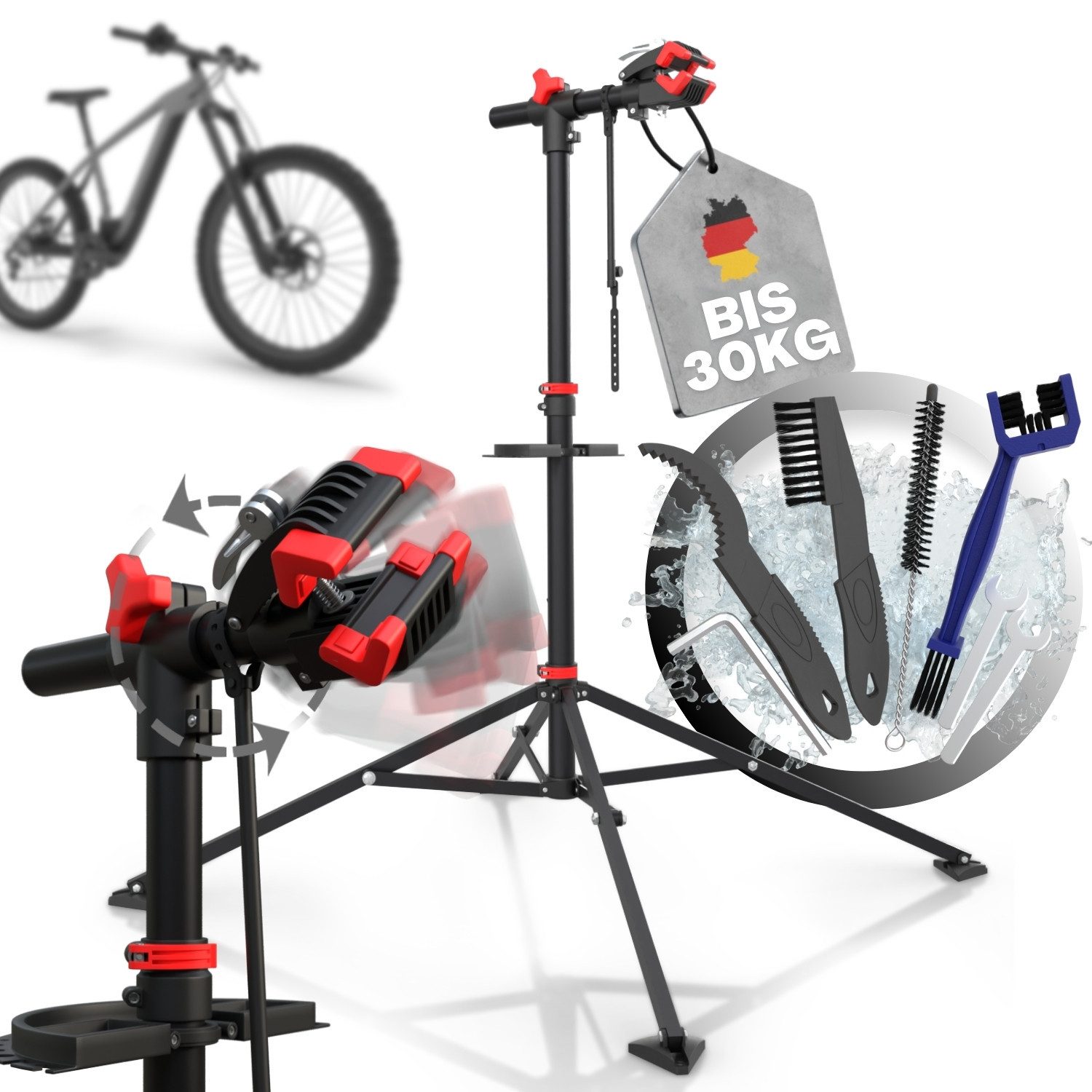 Tarpofix® Fahrrad-Montageständer Fahrrad Montageständer 30 kg klappbar Reparaturständer, Rot: Fahrrad Reparaturständer rot mit 360° Klemmkopf