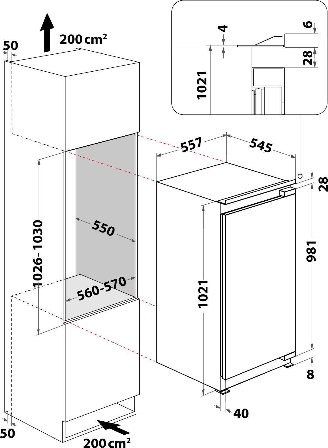 BAUKNECHT Einbaukühlschrank KSI 10VF2, 102,1 cm breit hoch, 55,7 cm