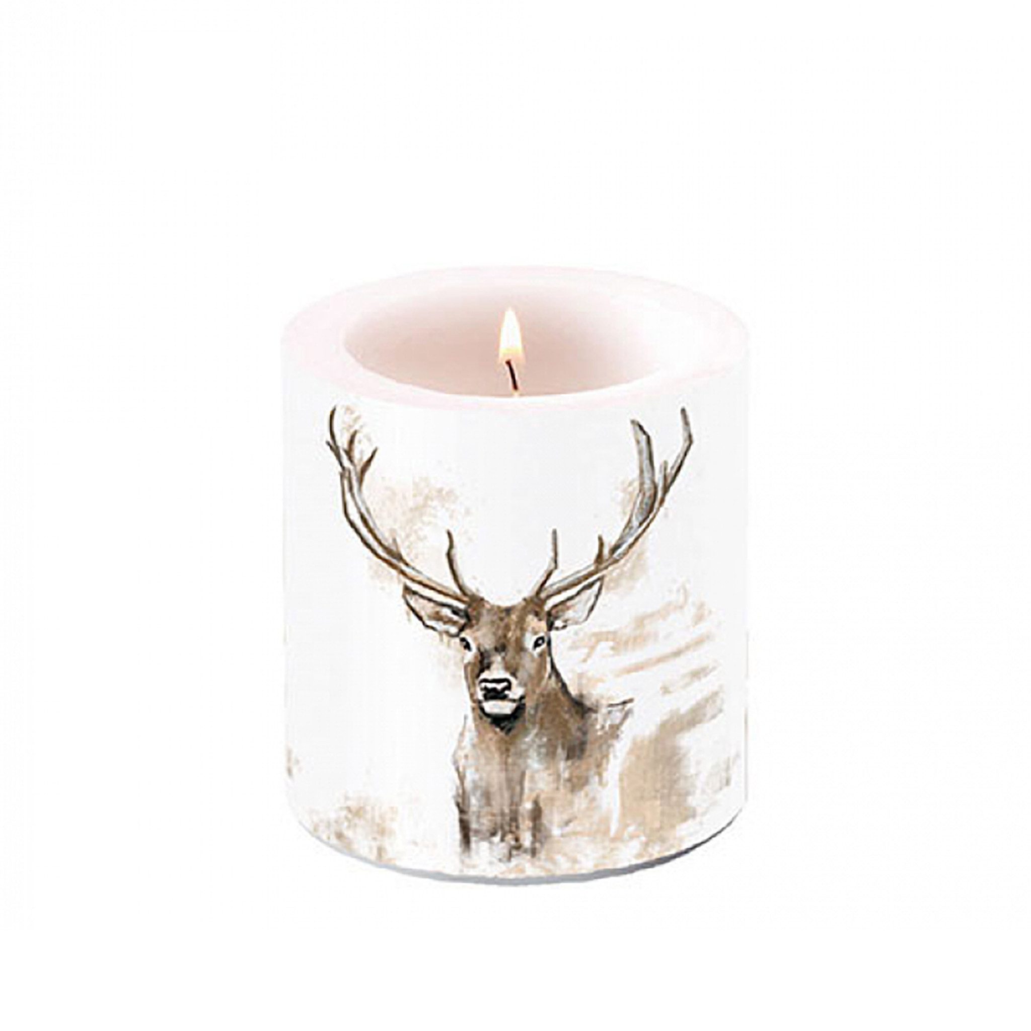 Ambiente Luxury Paper Products Stumpenkerze, Stumpenkerze Paraffin 7,5x9cm mit Hirsch Motiv Weiß / Braun