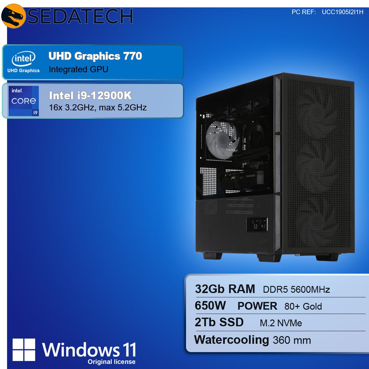 Sedatech UCC1905I2I1HF - Watercooling Office PC (Intel Core i9 12900K 16x 3.2GHz (max 5.2GHz), Intel UHD Graphics 770, 32 GB RAM, 2000 GB SSD, Watercooling, Wlan 6)