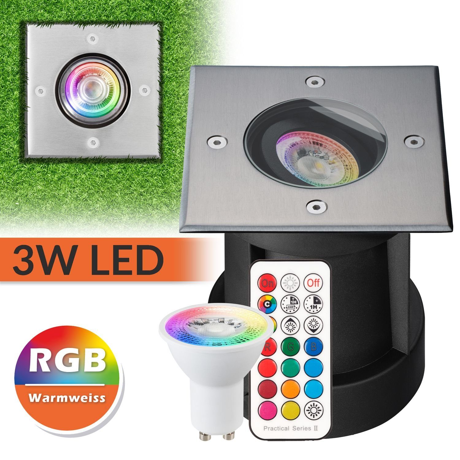 LEDANDO LED Einbaustrahler RGB LED Bodeneinbaustrahler Set mit Fernbedienung - RGB + Warmweiss -