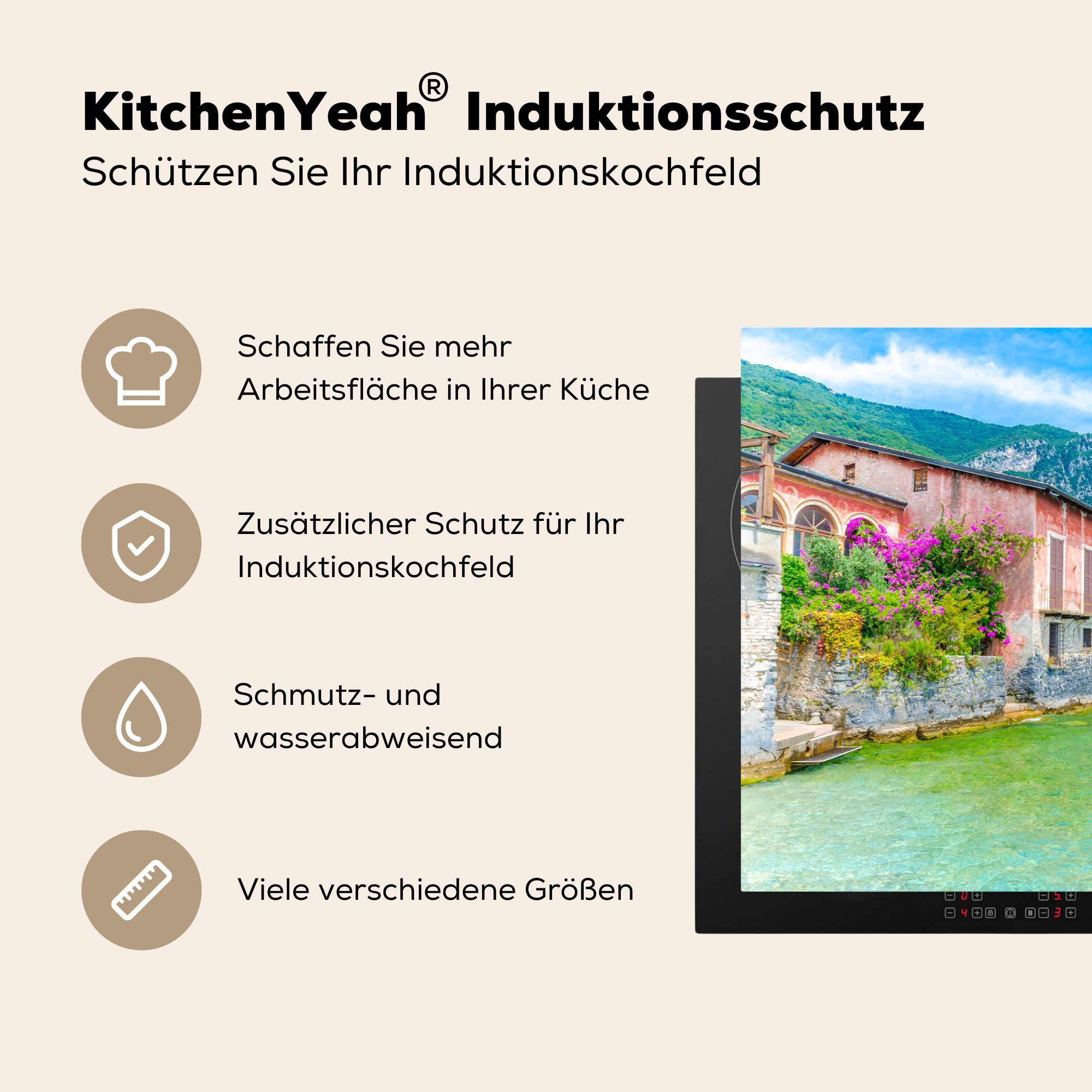 für tlg), küche, Vinyl, Haus Blau, Induktionskochfeld - Gardasee 81x52 cm, - die Herdblende-/Abdeckplatte MuchoWow Schutz Ceranfeldabdeckung (1