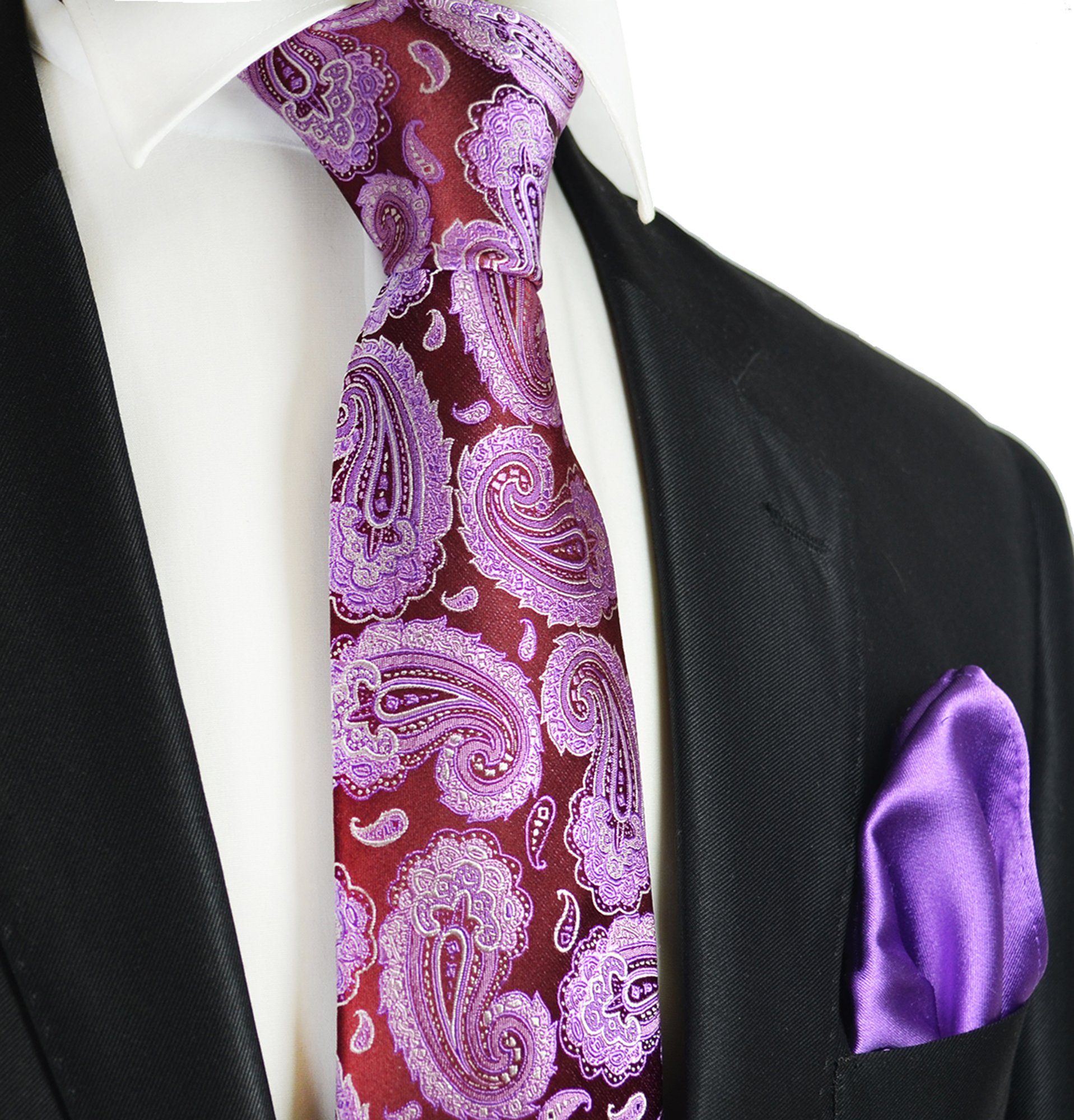 Paul Malone Krawatte 7-Fold Seidenkrawatte Schlips modern elegant 100% Seide paisley (Set, 2-St., mit Einstecktuch) mauve pink S13977-11